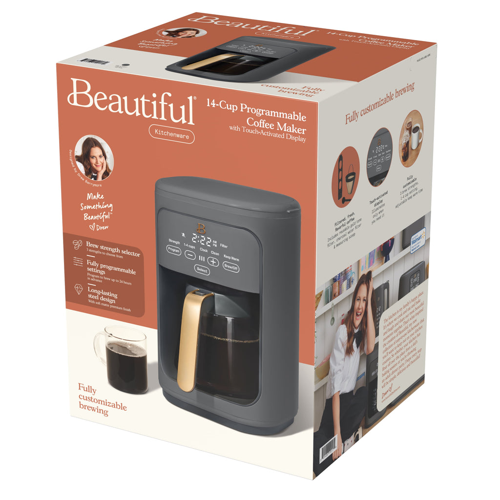 Beautiful 14-Cup Programmable Drip Coffee Maker with Touch-Activated Display, White Icing by Drew Barrymore
