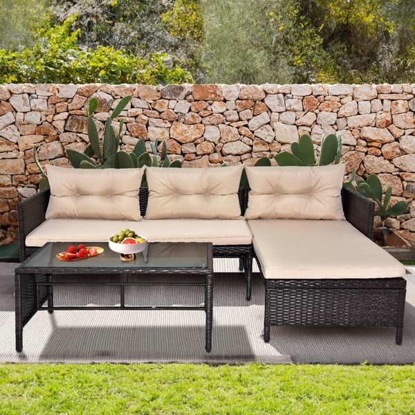 Al Fresco Patio Furniture Sets, 3 Pieces Outdoor Sectional Sofa, Black All-Weather Rattan Wicker Sofa Small Patio Conversation Couch with Washable Cushion