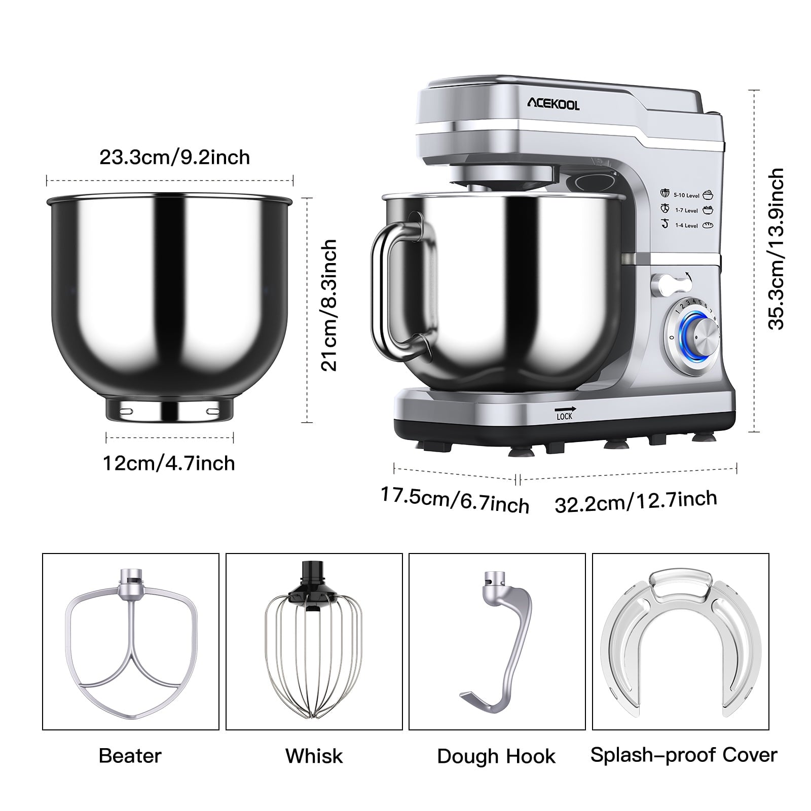 Acekool Stand Mixer, 7.5Qt 10 Speed 660W Tilt Head Electric Food Mixer
