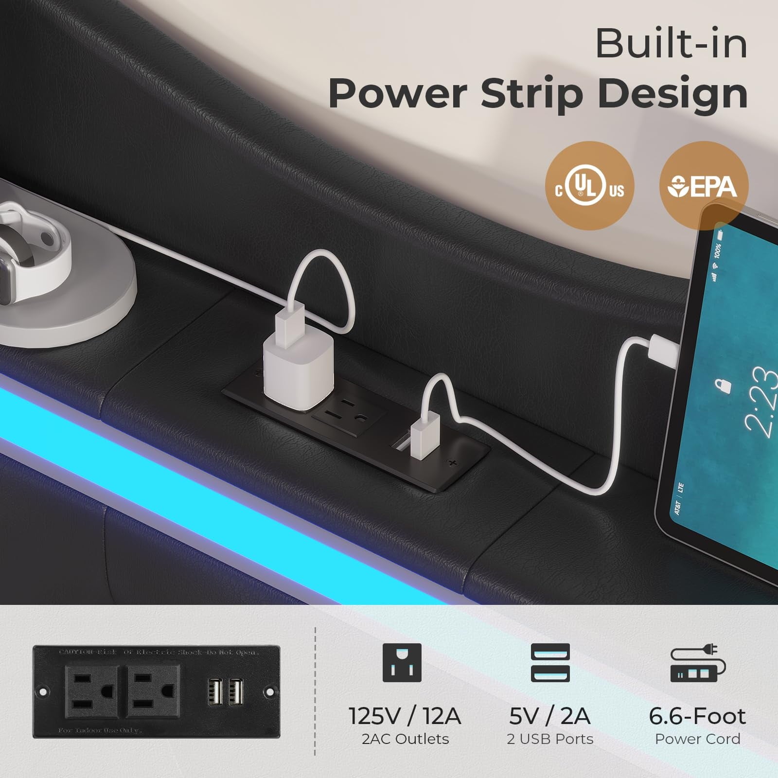 Afuhokles LED Bed Frame King Size with Tall Storage Headboard Footboard, Charging Station, Velvet Upholstered Platform Bed, Gray