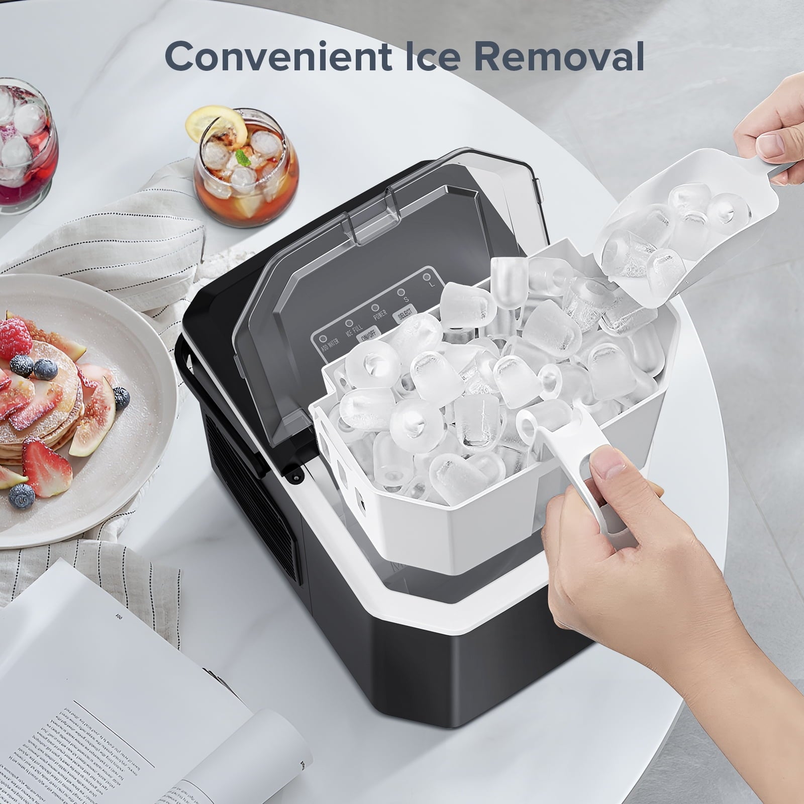 Auseo Countertop Ice Maker, Self-cleaning Portable Ice Maker Machine with Handle and Ice Scoop, Bullet Ice Cubes, 9Pcs/8Min 26Lbs/24H for Home/Office/Bar/Party (Black)
