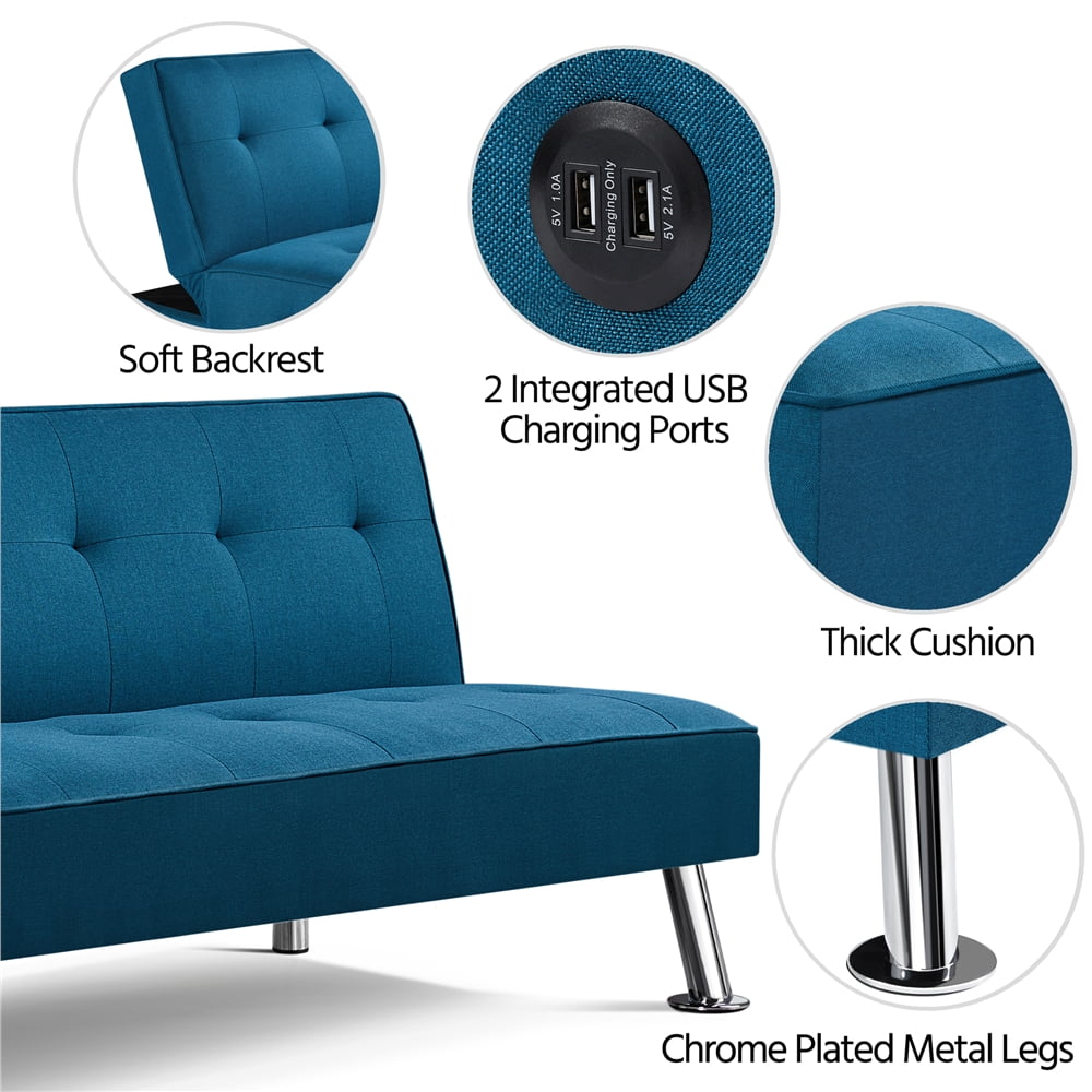Alden Design Modern Fabric Convertible Futon with USB, Blue