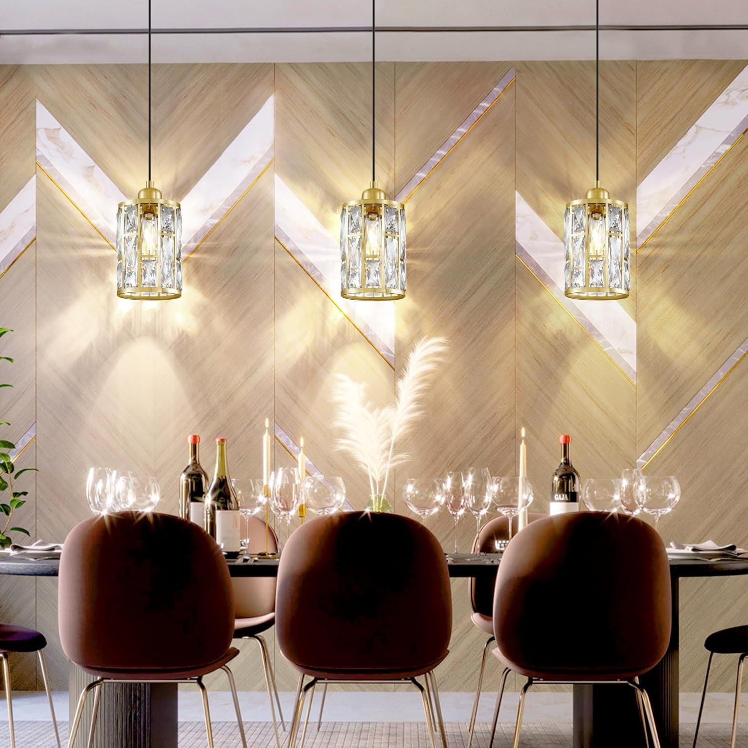 3 Pack 1 Light 5.4" Crystal Shade Hanging Kitchen Island Pendant Light Gold Finish,Modern Pendant Fixture with Crystal Metal Shade for Bar,Dining Room,Living Room Over Sink