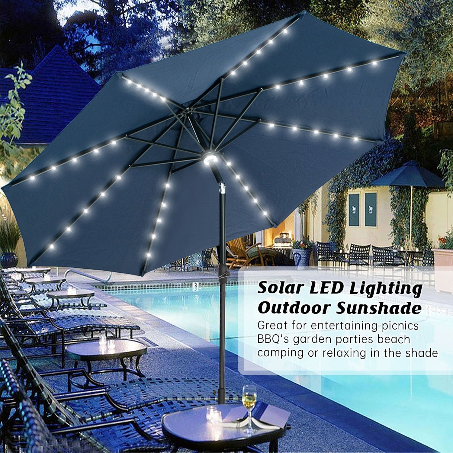 Autlaycil 10 ft Solar Patio Umbrellas with 40 LED lights for Market Outdoor Pool, Steel Tilt Crank, Navy Blue