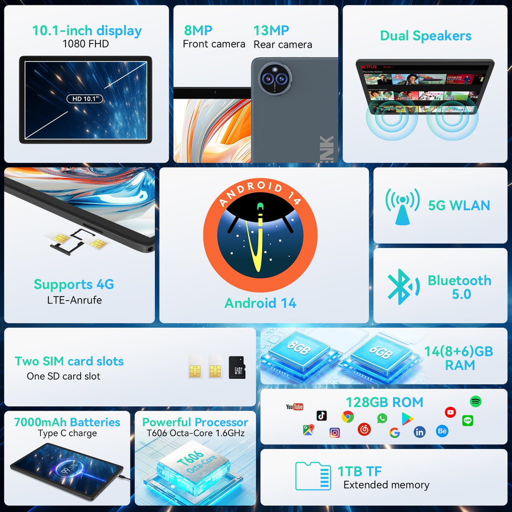Android 14 Tablet,128GB ROM 1TB Expand,HD IPS Touchscreen, 5G/2.4G WiFi, Bluetooth 5.0, GPS, 4G Phone Tablet,2024 Newest