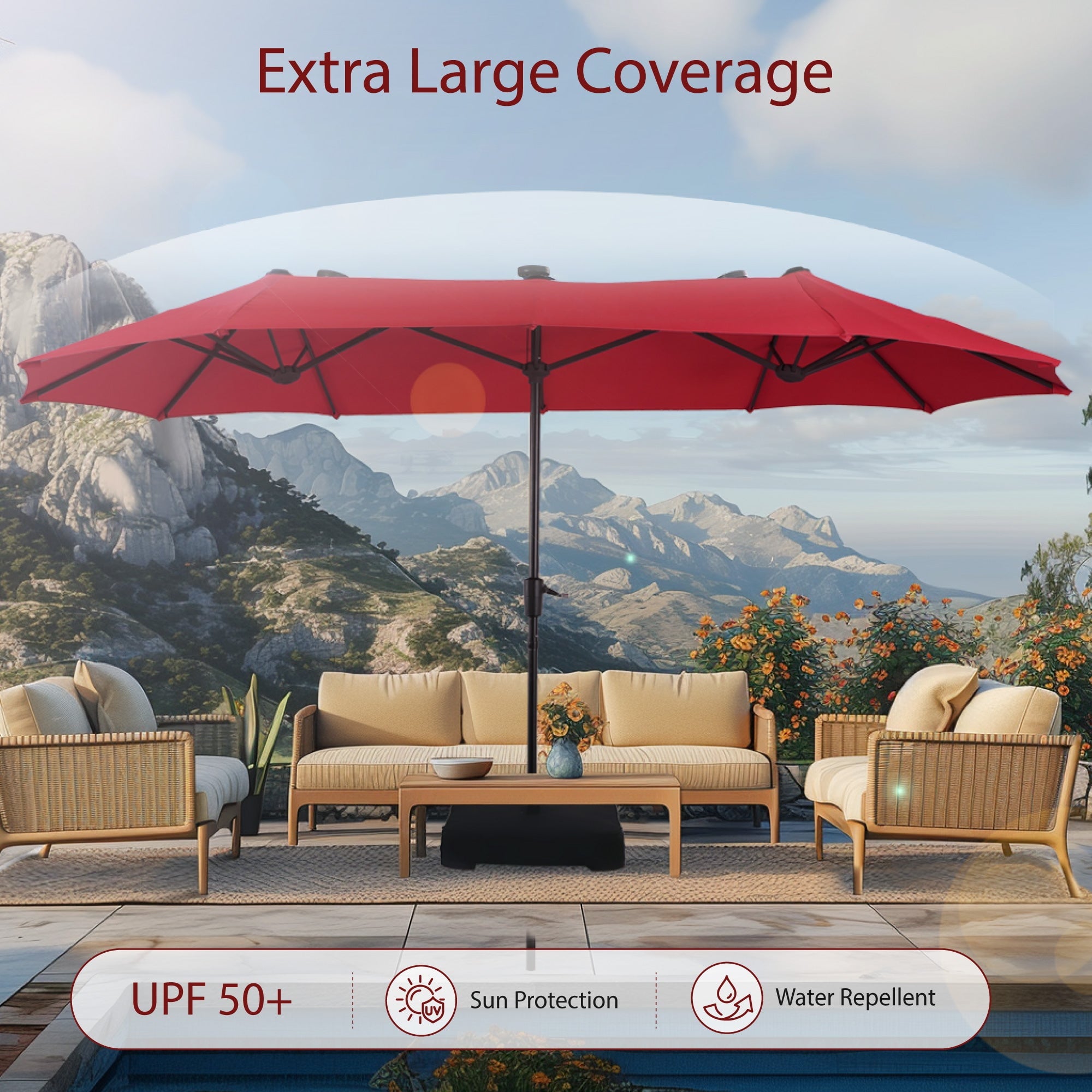 Alpha Joy 13x6.5ft Double-Sided Extra Large Outdoor Patio Umbrella with Crank Handle, Beige