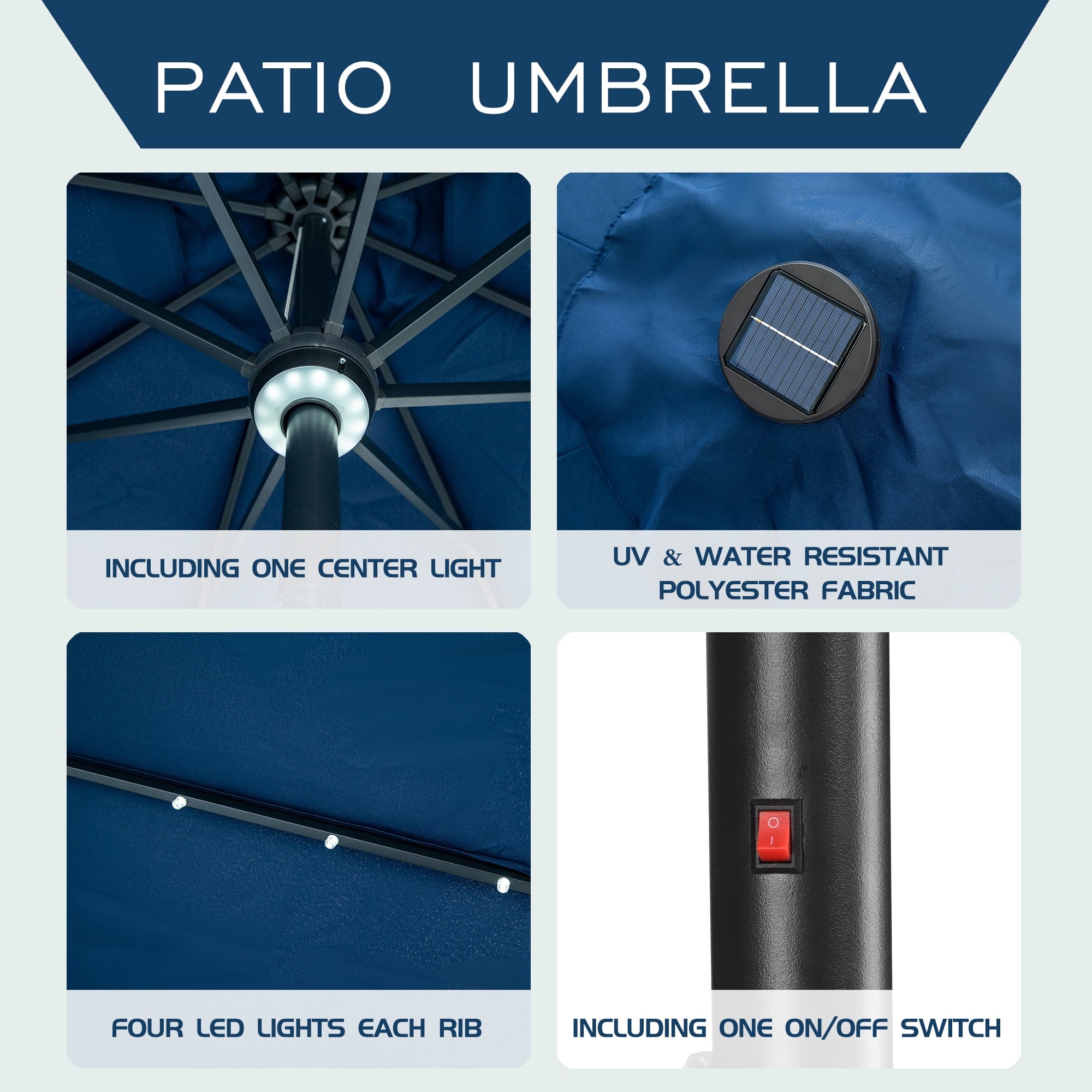 Autlaycil 10 ft Solar Patio Umbrellas with 40 LED lights for Market Outdoor Pool, Steel Tilt Crank, Navy Blue
