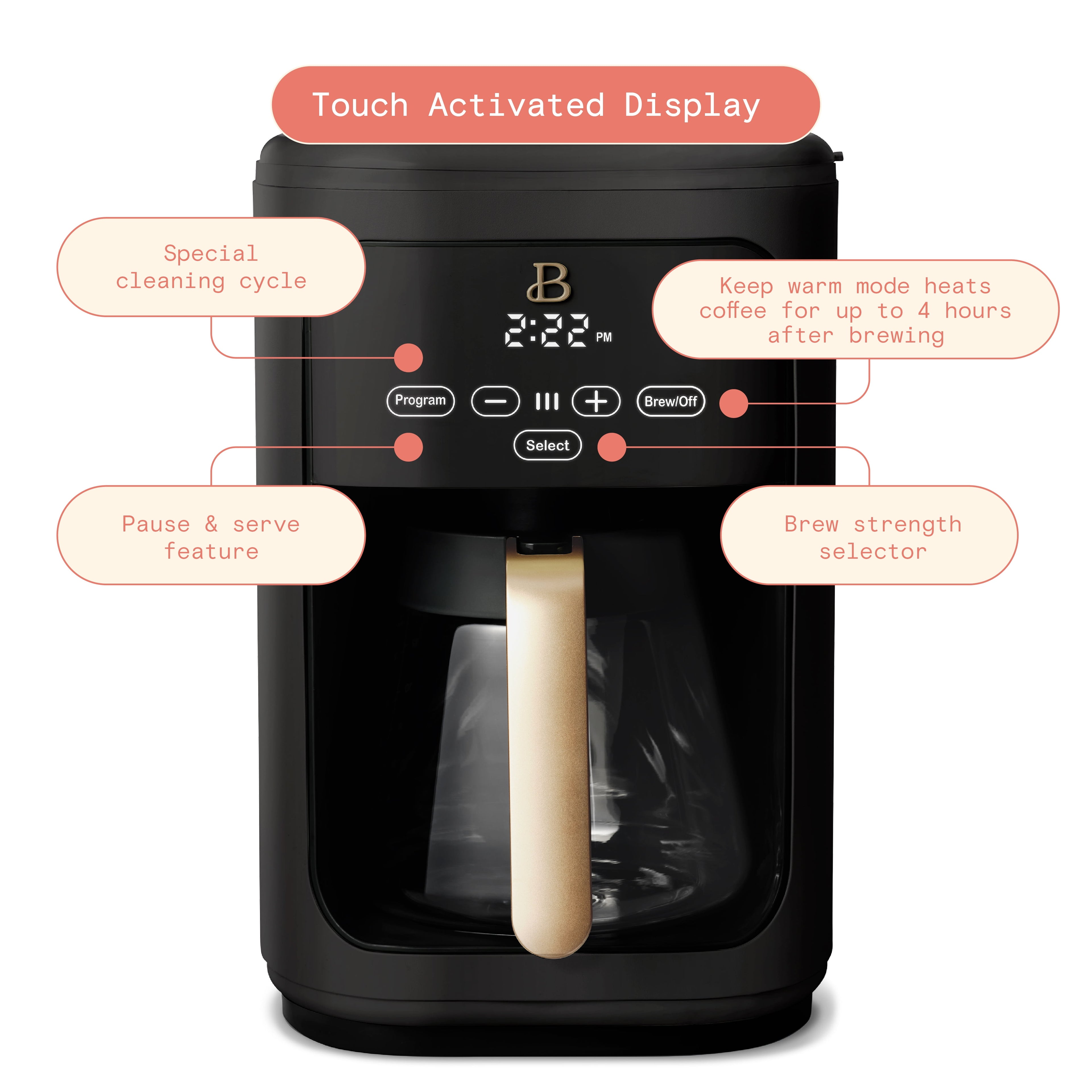 Beautiful 14-Cup Programmable Drip Coffee Maker with Touch-Activated Display, White Icing by Drew Barrymore
