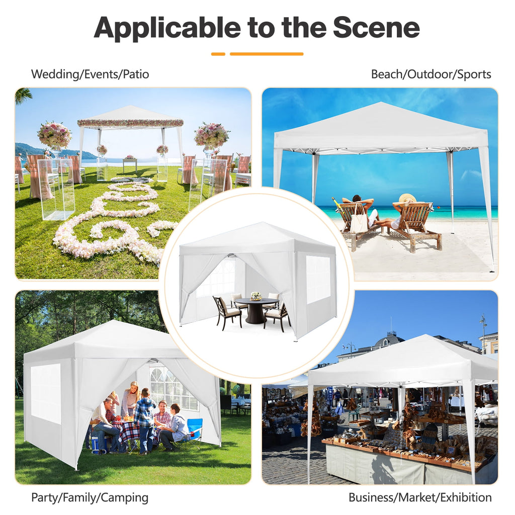 10'x 10' Pop up Canopy 1 Person Setup Canopy Portable Outdoor Party Instant Shelter with 4 Removable Sidewalls & Carrying Bag for Wedding Picnics Camping, White