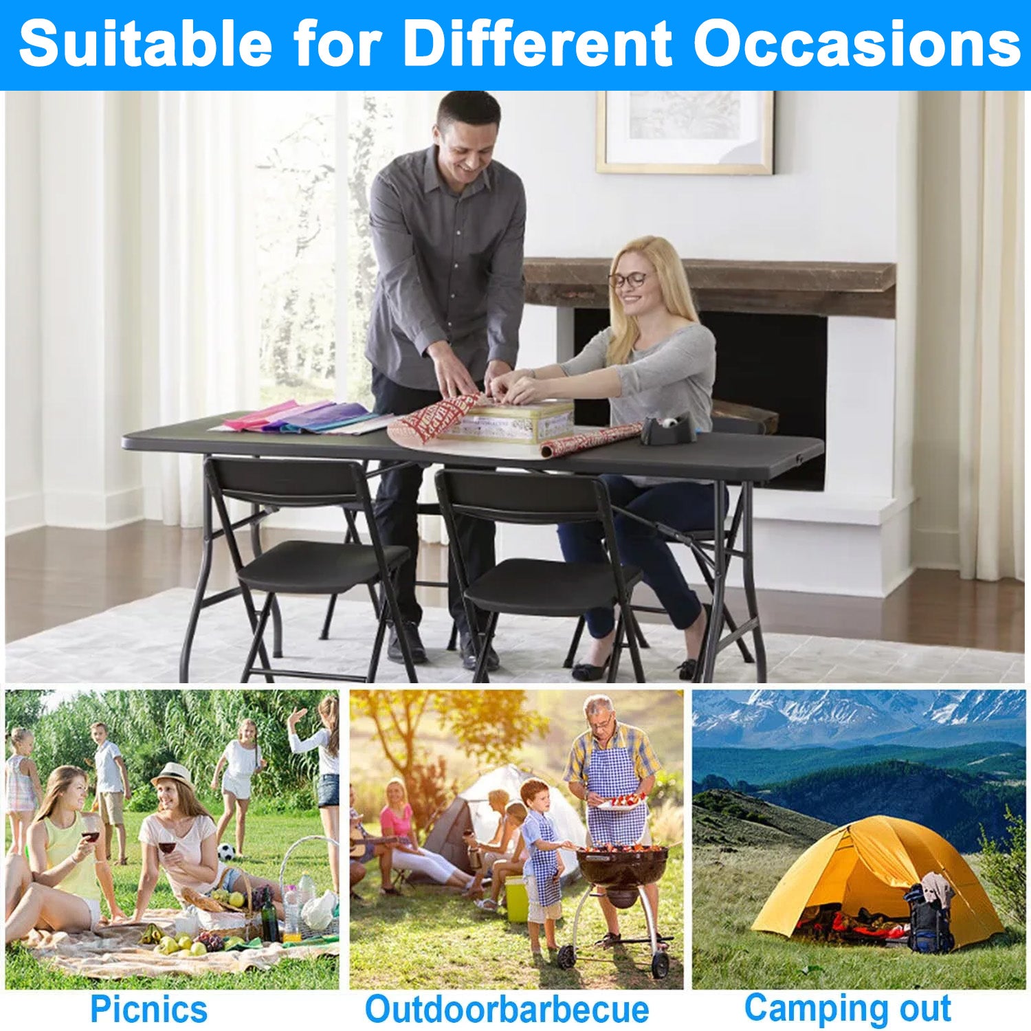 6 ft Rectangular Plastic Folding Table for Indoor Outdoor,Parties, Weddings, BBQs, Camping,Black