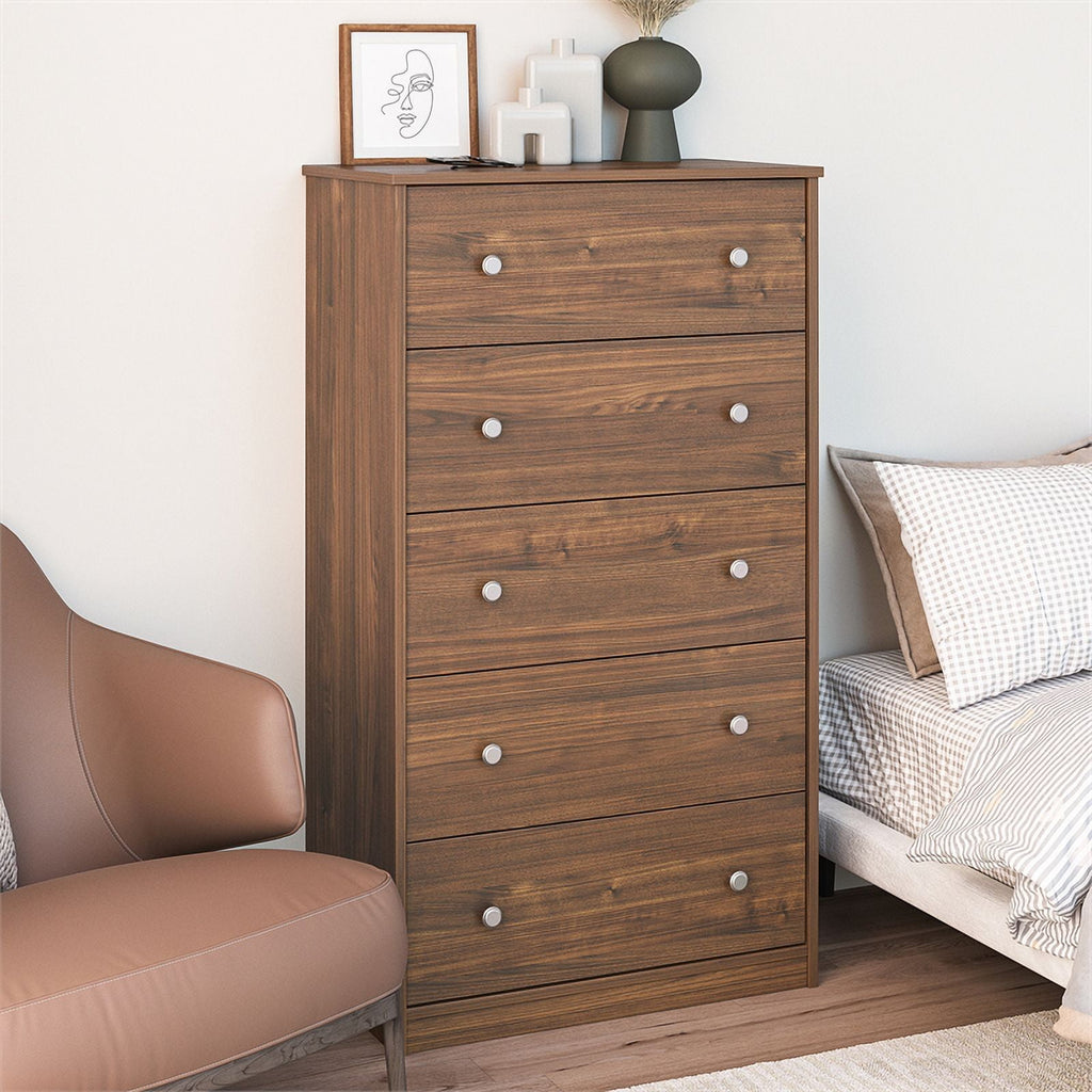 Ameriwood Home Lennon Tall 5 Drawer Dresser, Medium Brown and Faux Rattan
