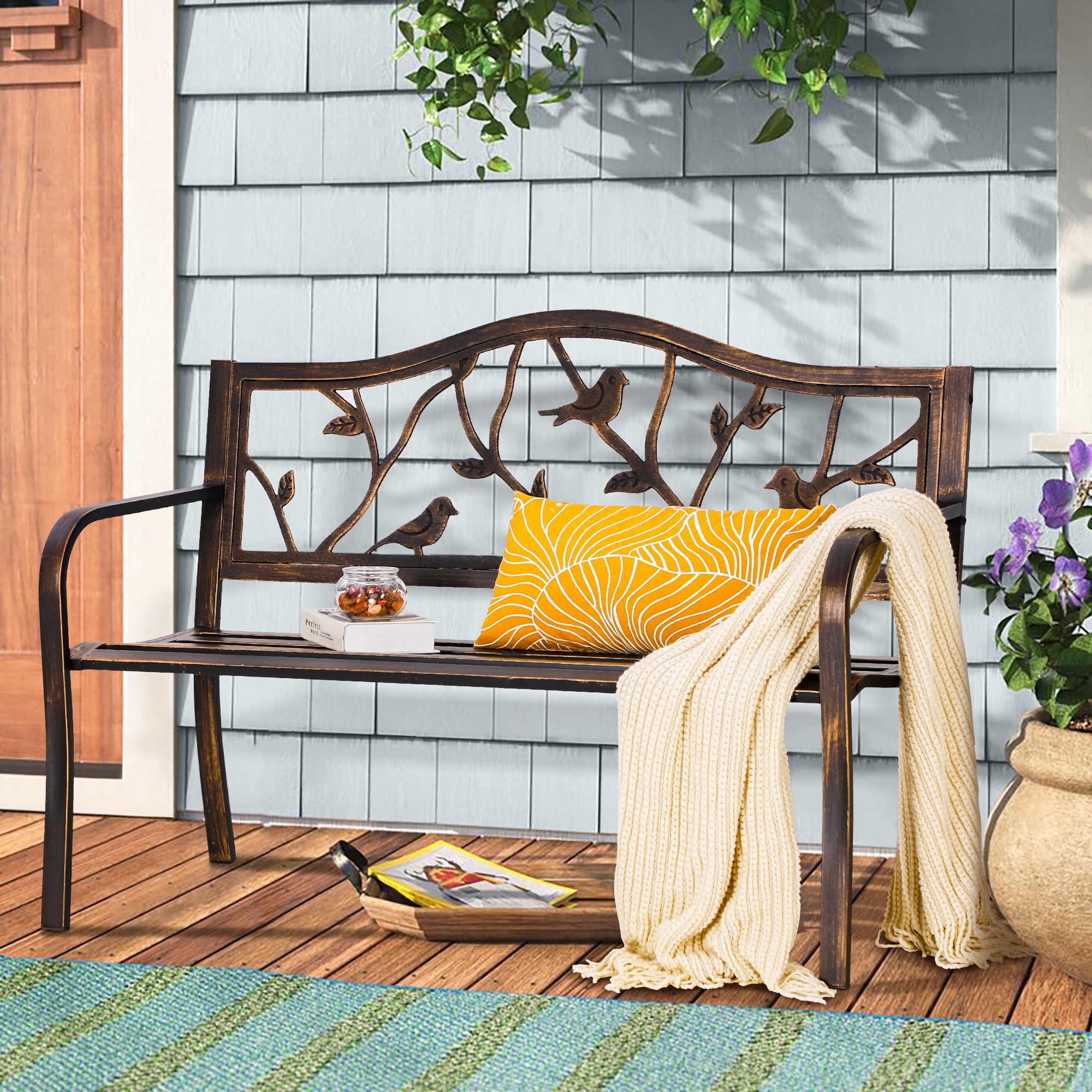 Alpha Joy 50” Outdoor Metal Patio Garden Bench for Lawn, Park, Deck - Red Bird
