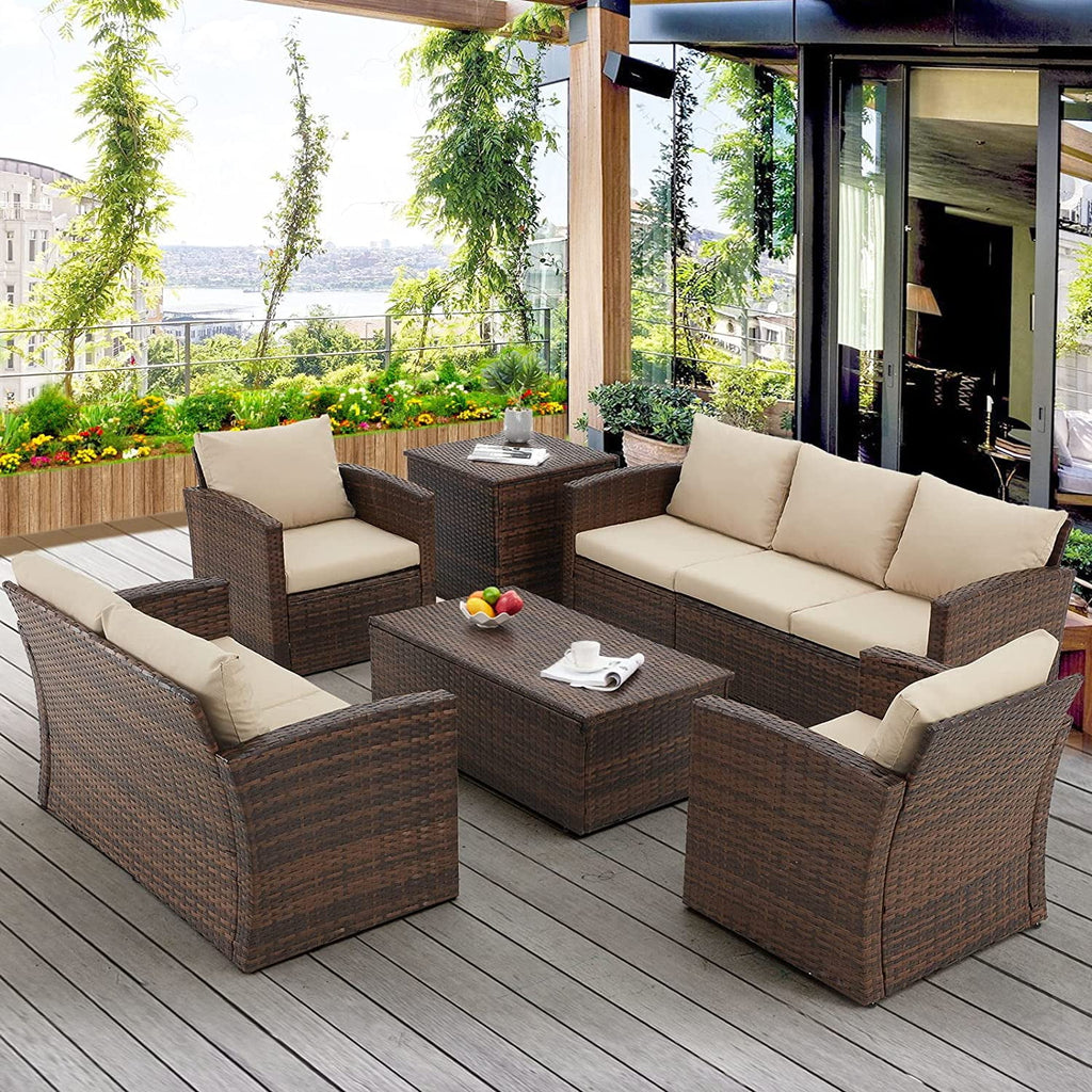 AECOJOY 6 Pieces Outdoor Furniture Set , Patio Rattan Wicker Sectional Sofa Conversation Set, Beige