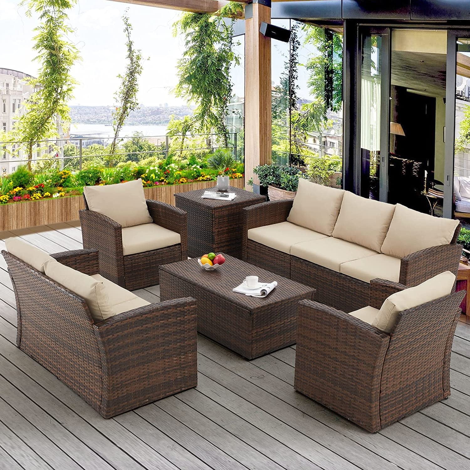 AECOJOY 6 Pieces Outdoor Furniture Set , Patio Rattan Wicker Sectional Sofa Conversation Set, Beige