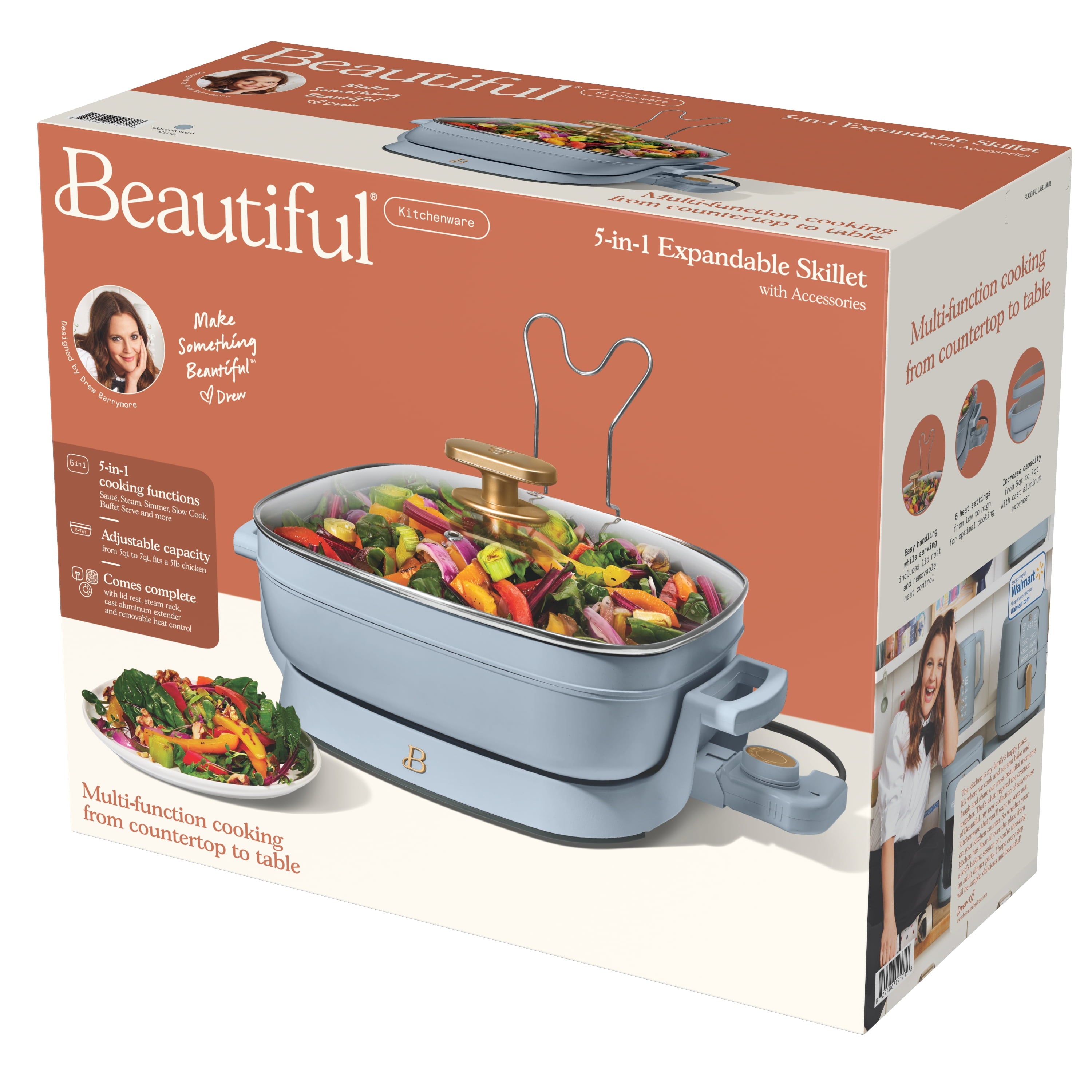 Beautiful 5 in 1 Electric Skillet - Expandable up to 7 Qt with Glass Lid, White Icing by Drew Barrymore