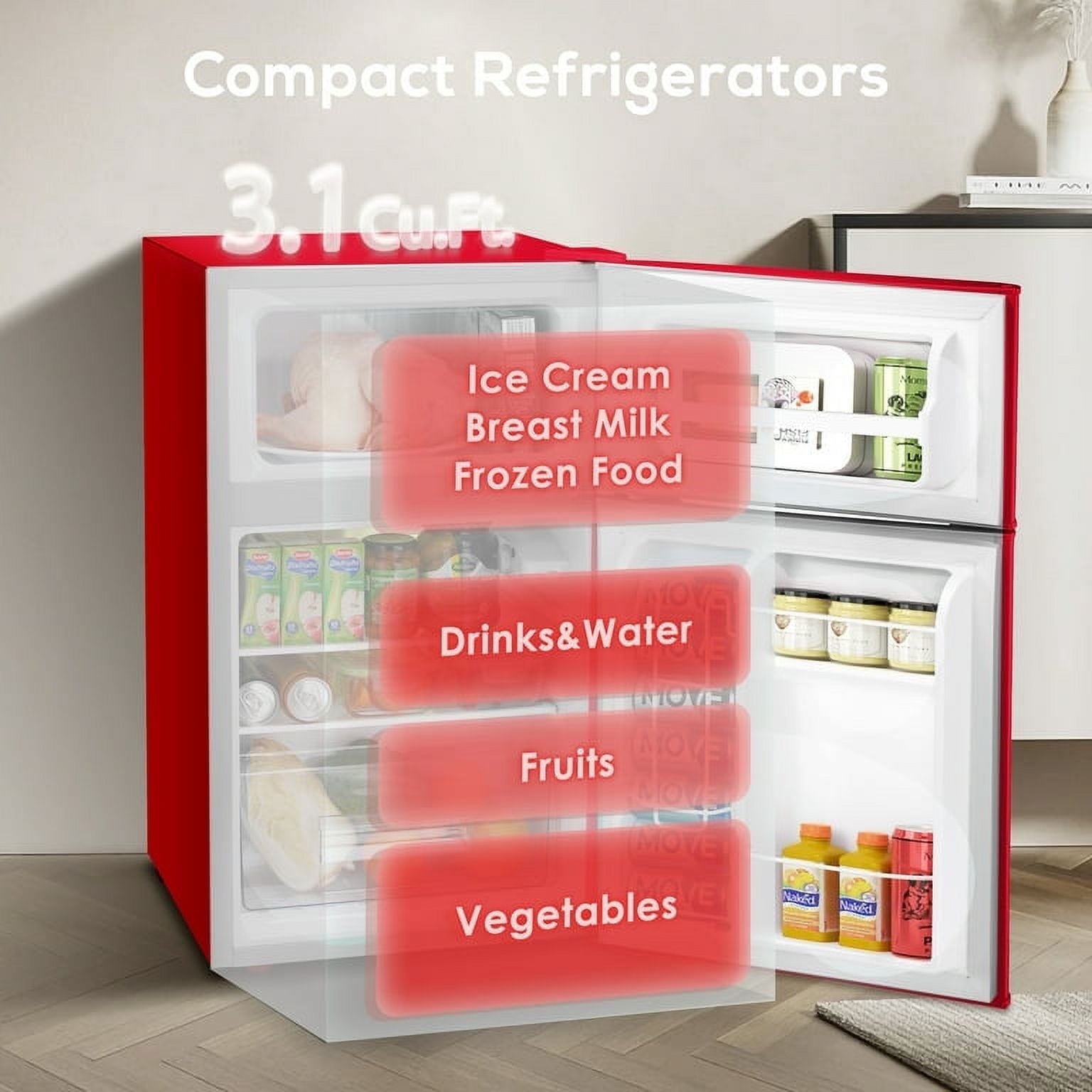 Auseo 3.1 Cu.Ft Double Door Mini Fridge with Freezer, Compact Retro Refrigerator for Dorm, Office, Bar, Bedroom, Black