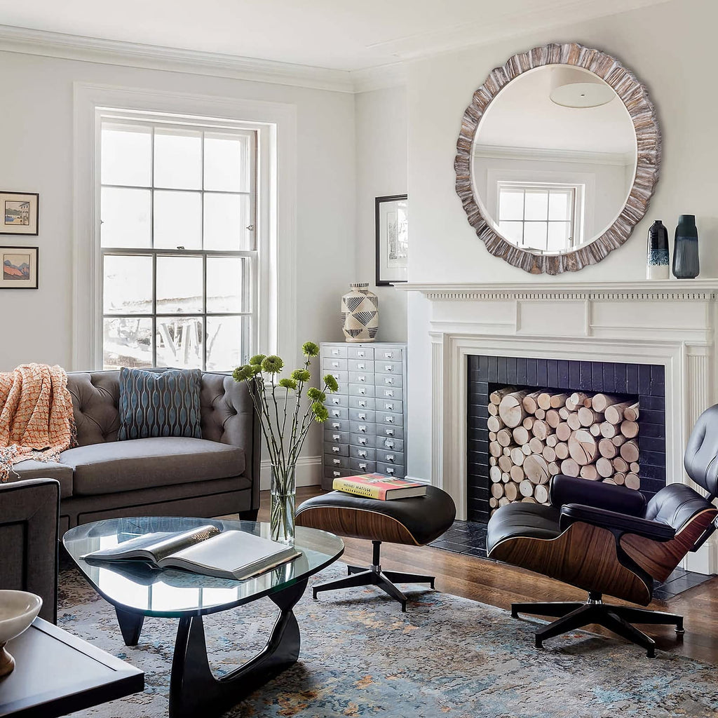 35" Wood Round Mirror, Rustic Wall Mirror with Thick Frame, Large Round Mirror for Wall Decor, Wooden Circle Beveled Mirror for Entryway, Farmhouse, Washed White