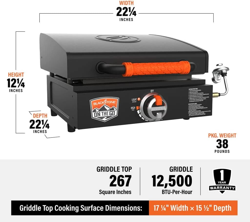 17 inch Blackstone Griddle with Hood, Tabletop Outdoor Flat Top Grill Propane Portable Gas Grill for Camping and BBQ Grill with Blackstone Accessories, Seasoning, and Wholesalehome Gloves and Cloth