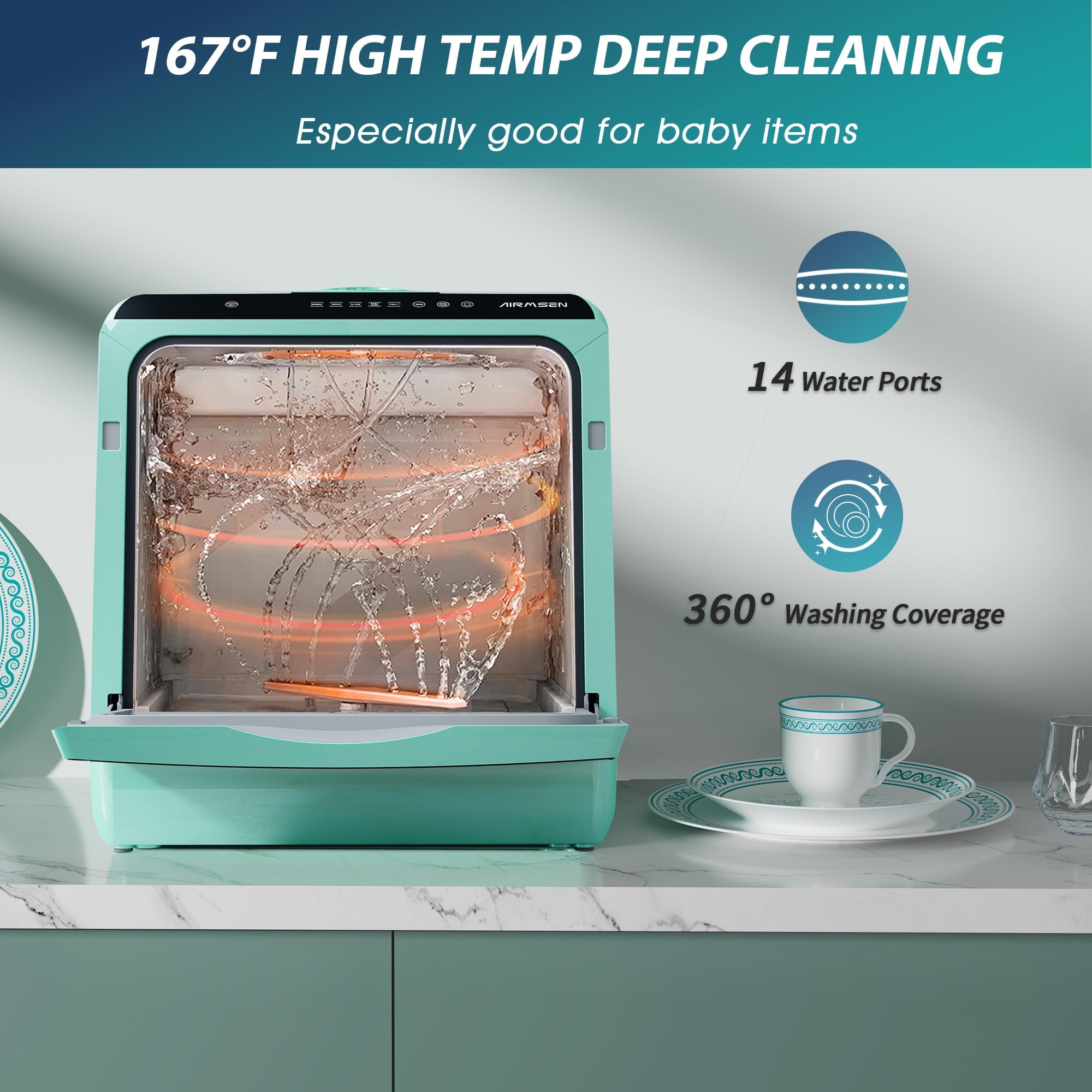 AIRMSEN Portable Countertop Dishwasher with 5-Liter Built-in Water Tank and Air-Dry Function, 5 Washing Programs, AE-TDQR03