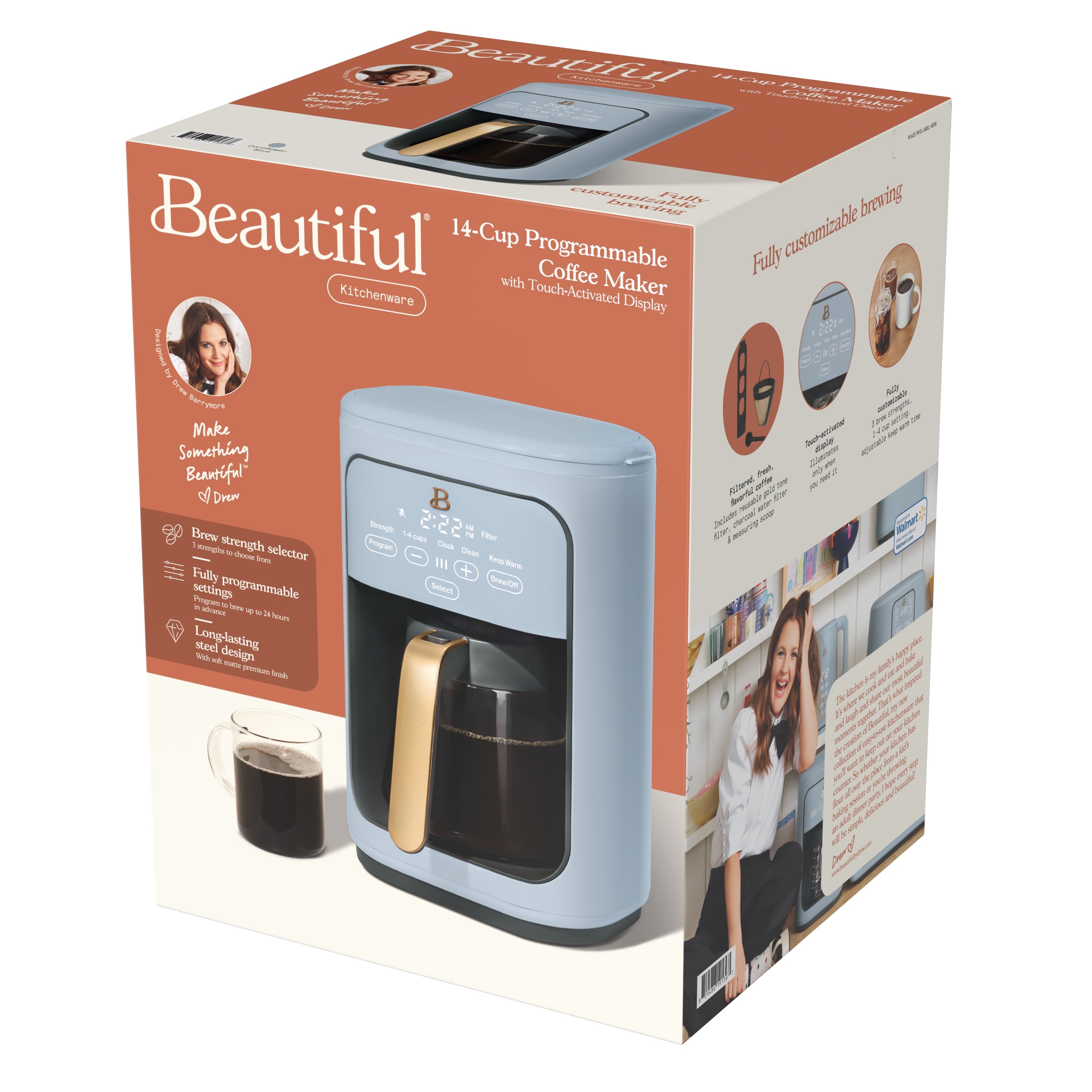 Beautiful 14-Cup Programmable Drip Coffee Maker with Touch-Activated Display, White Icing by Drew Barrymore