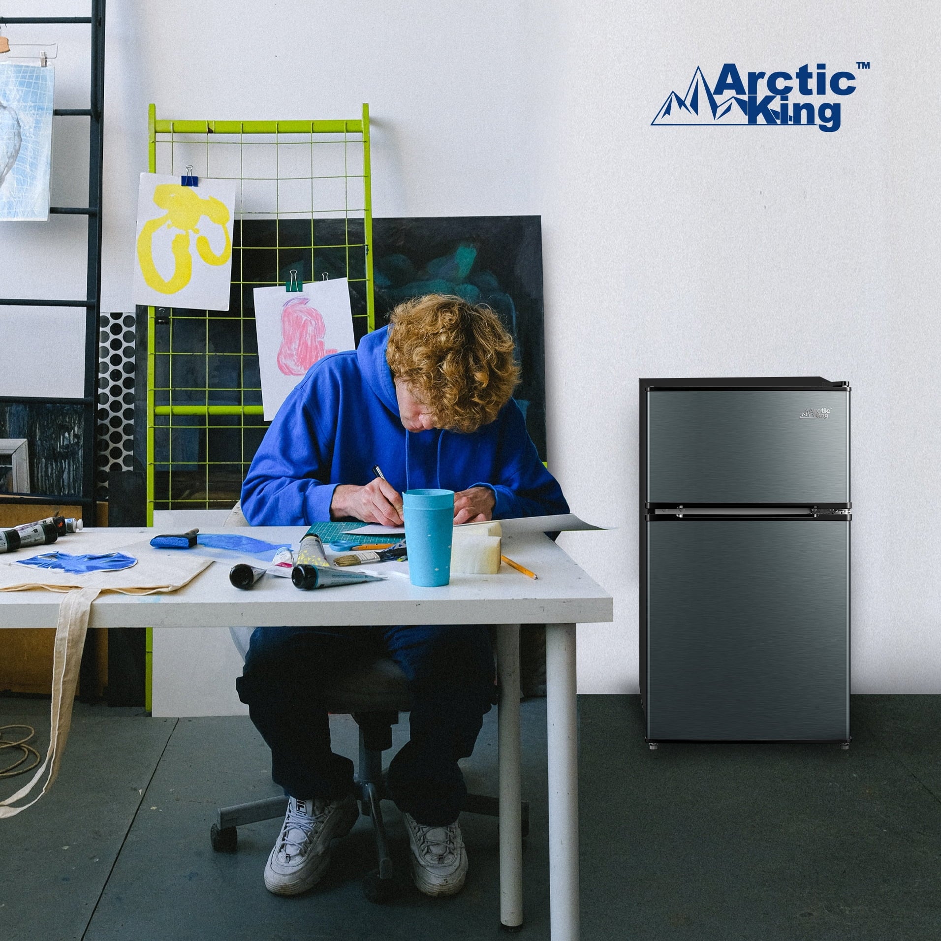 Arctic King 3.2 Cu ft Two Door Compact Refrigerator with Freezer, Black Stainless Steel look