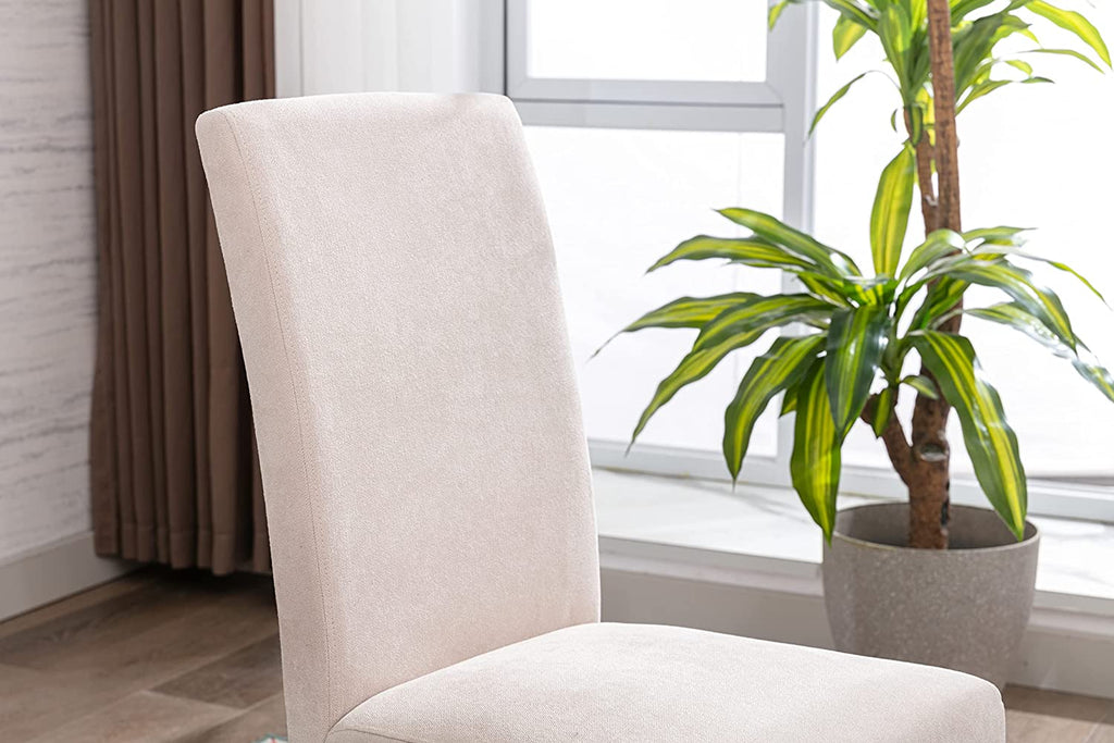 AOKHNBF Dining Chairs Upholstered Living Room Chairs Fabric Padded Parson Chair Kitchen Living Room Armless Side Chair with Silver Nails and Solid Wood Legs (Beige)