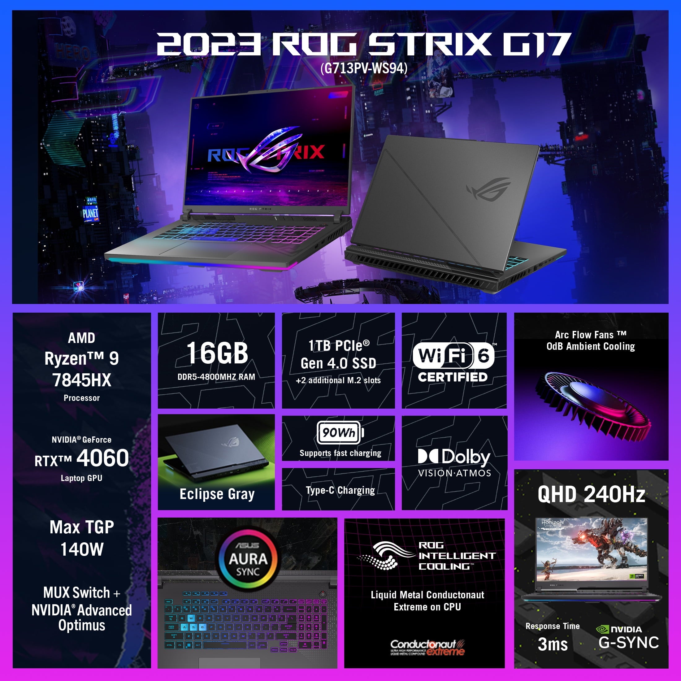 ASUS ROG Strix G17 17.3 inch WQHD 240Hz Gaming Laptop AMD Ryzen 9-7845HX NVIDIA GeForce RTX 4060 16GB DDR5 1TB SSD Eclipse Gray (2023)