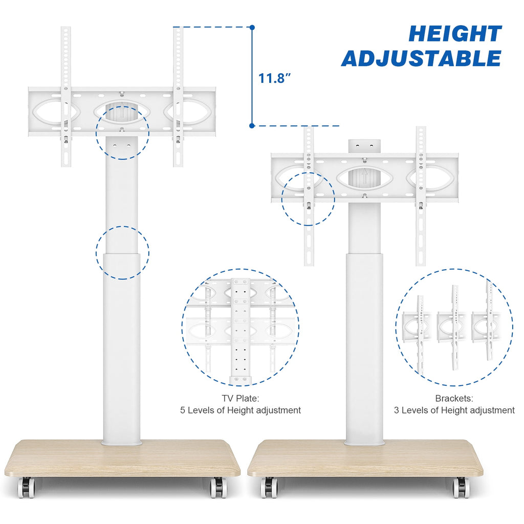 5Rcom Modern Floor Rolling TV Stand for TVs up to 65 inch, White, Wooden Base