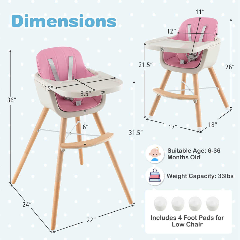 Babyjoy 3 in 1 Convertible Wooden High Chair Baby Toddler Highchair w/ Cushion Beige