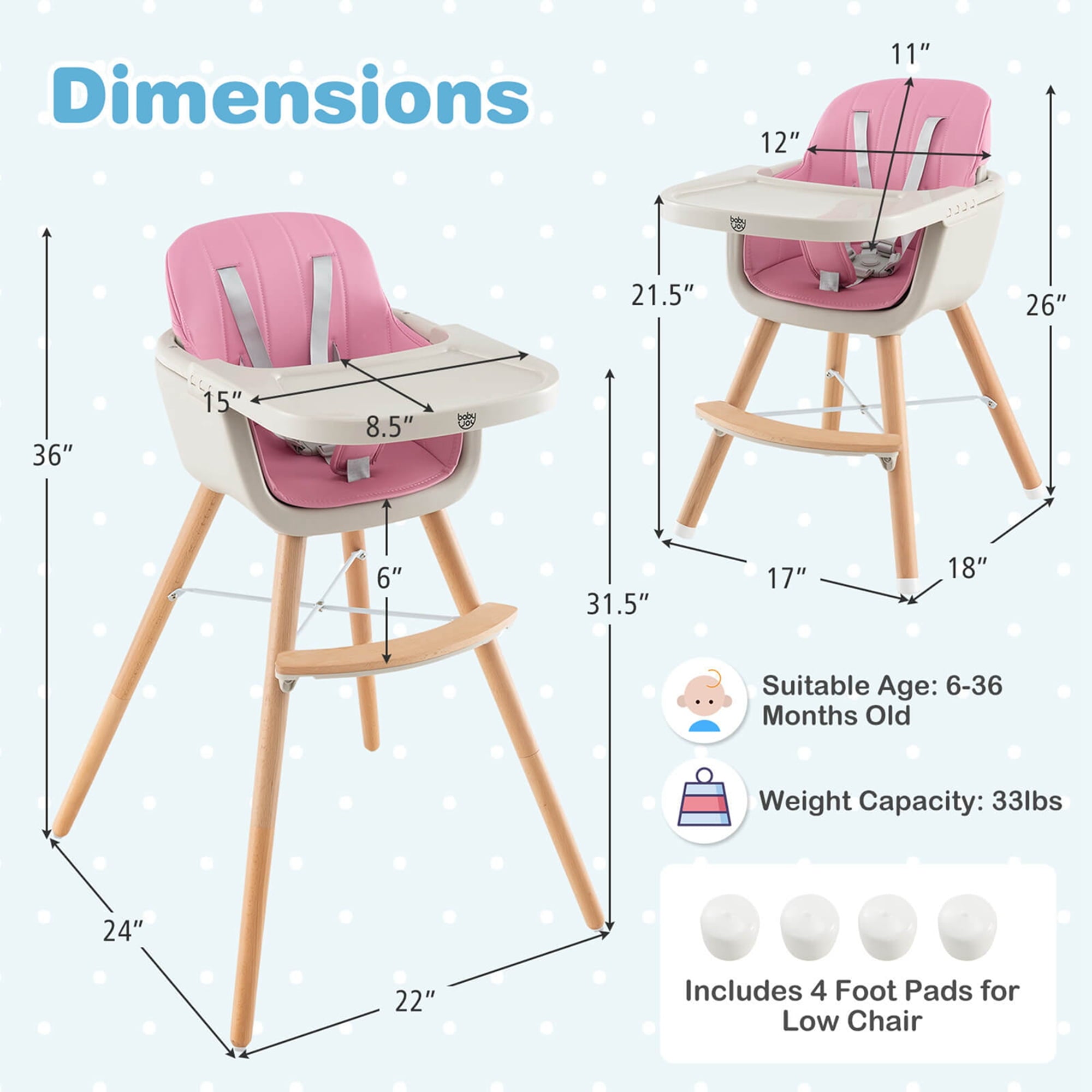 Babyjoy 3 in 1 Convertible Wooden High Chair Baby Toddler Highchair w/ Cushion Beige