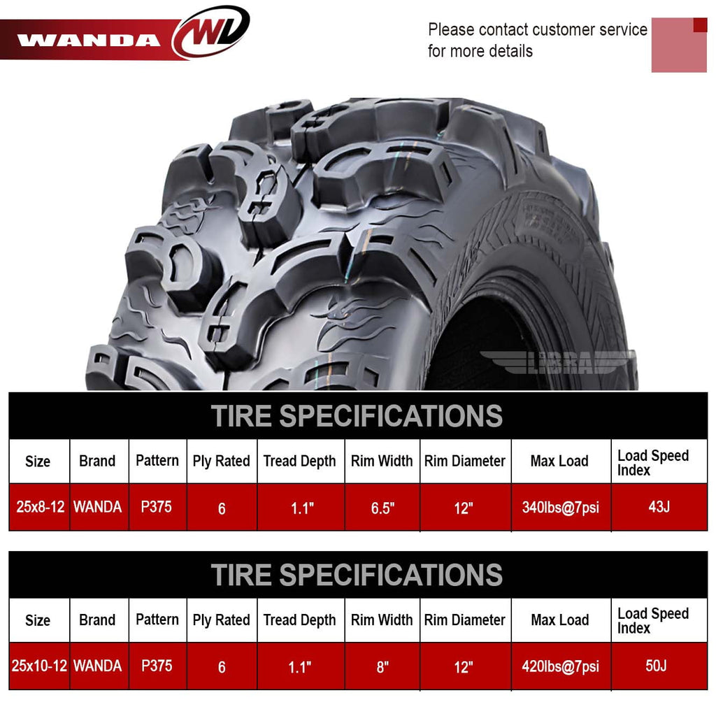(4) WANDA 25X8X12 25X10X12 fit 05-13 Yamaha RHINO 450 660 700 ATV Tire Set Super Mud