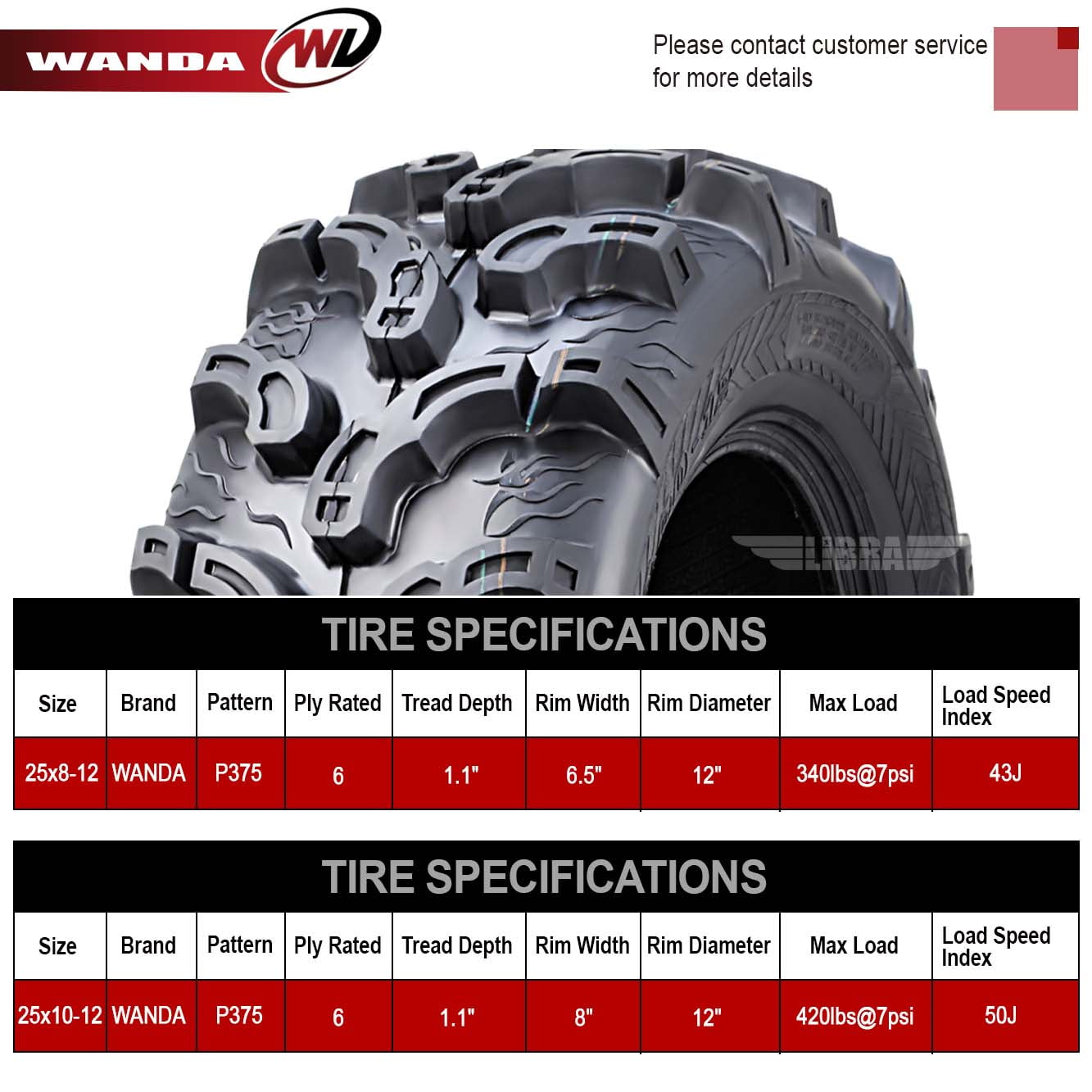 (4) WANDA 25X8X12 25X10X12 fit 05-13 Yamaha RHINO 450 660 700 ATV Tire Set Super Mud
