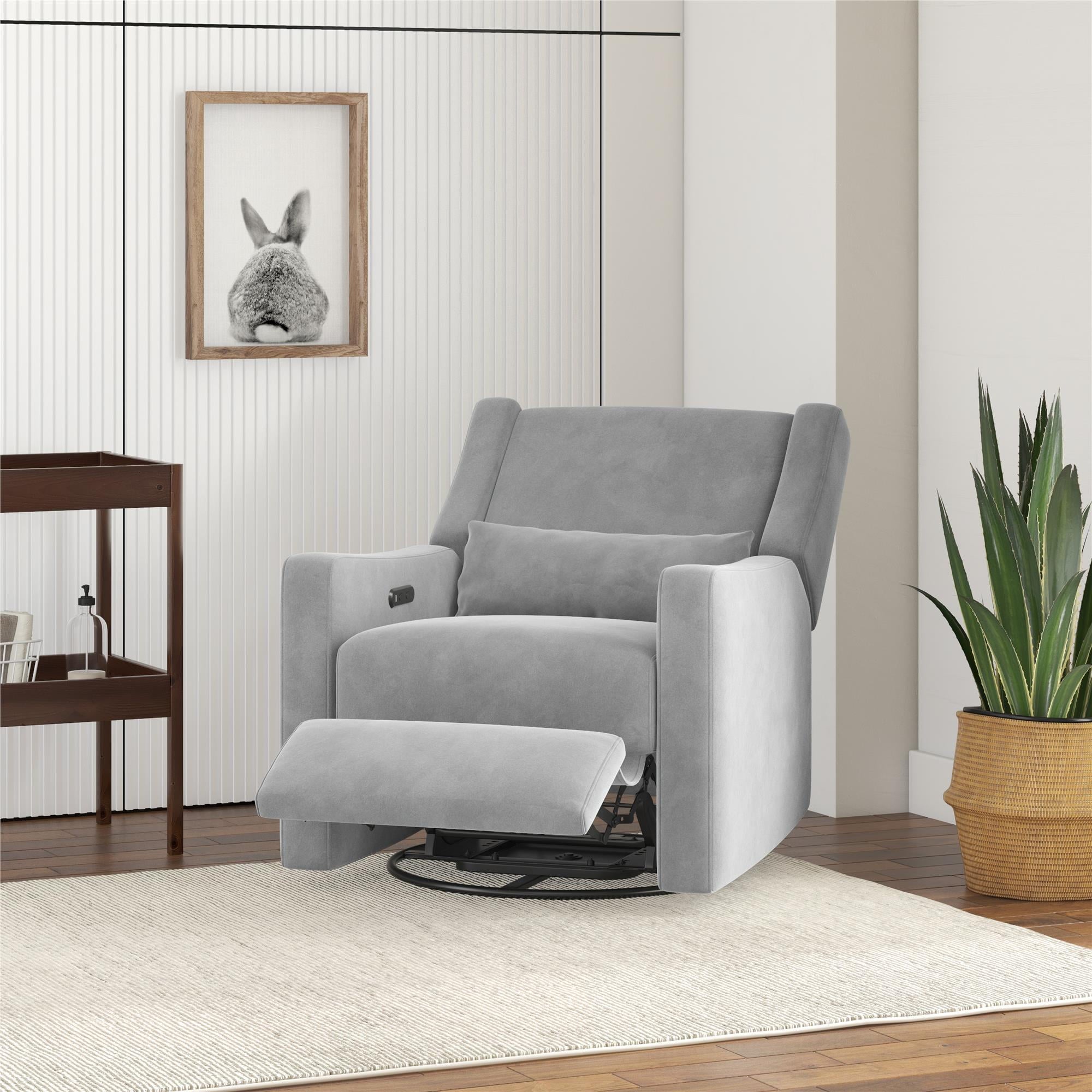 Baby Relax Otto 4-in-1 Nursery Swivel Glider Rocker Power Recliner with USB Ports, Gray Velvet