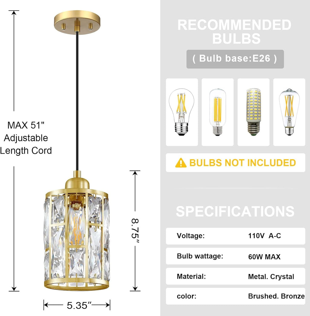 3 Pack 1 Light 5.4" Crystal Shade Hanging Kitchen Island Pendant Light Gold Finish,Modern Pendant Fixture with Crystal Metal Shade for Bar,Dining Room,Living Room Over Sink