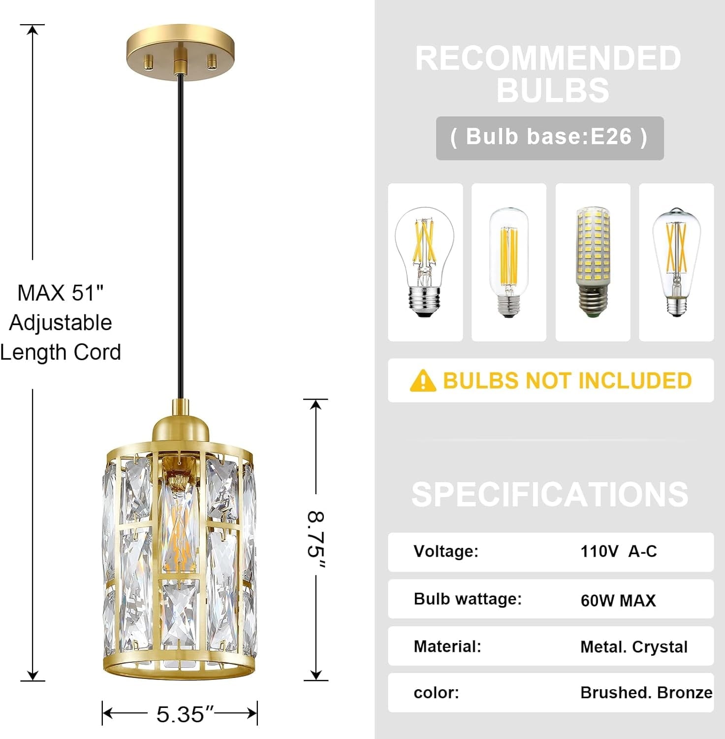 3 Pack 1 Light 5.4" Crystal Shade Hanging Kitchen Island Pendant Light Gold Finish,Modern Pendant Fixture with Crystal Metal Shade for Bar,Dining Room,Living Room Over Sink