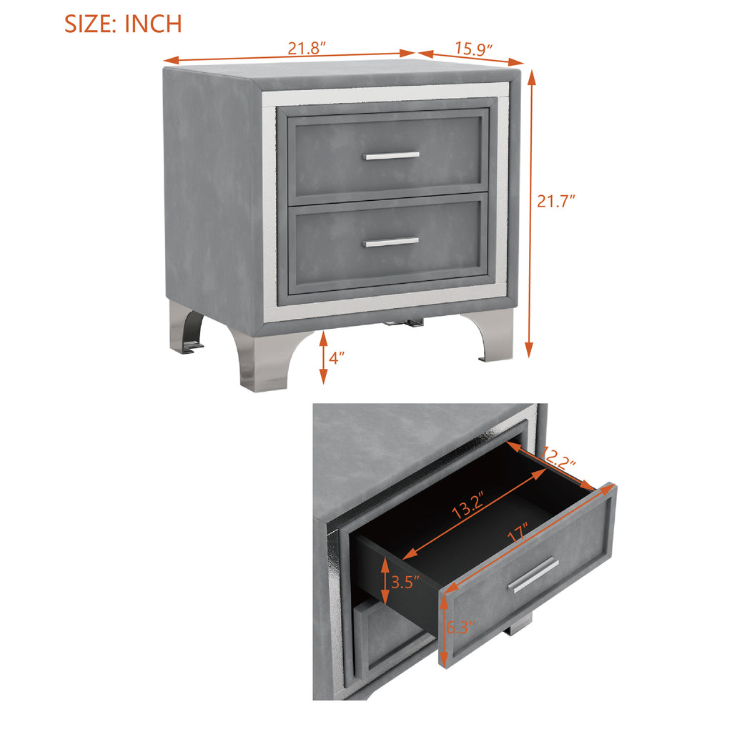 2-Drawer Nightstand with Metal Legs for Bedroom,Velvet Bedside Table-Gray