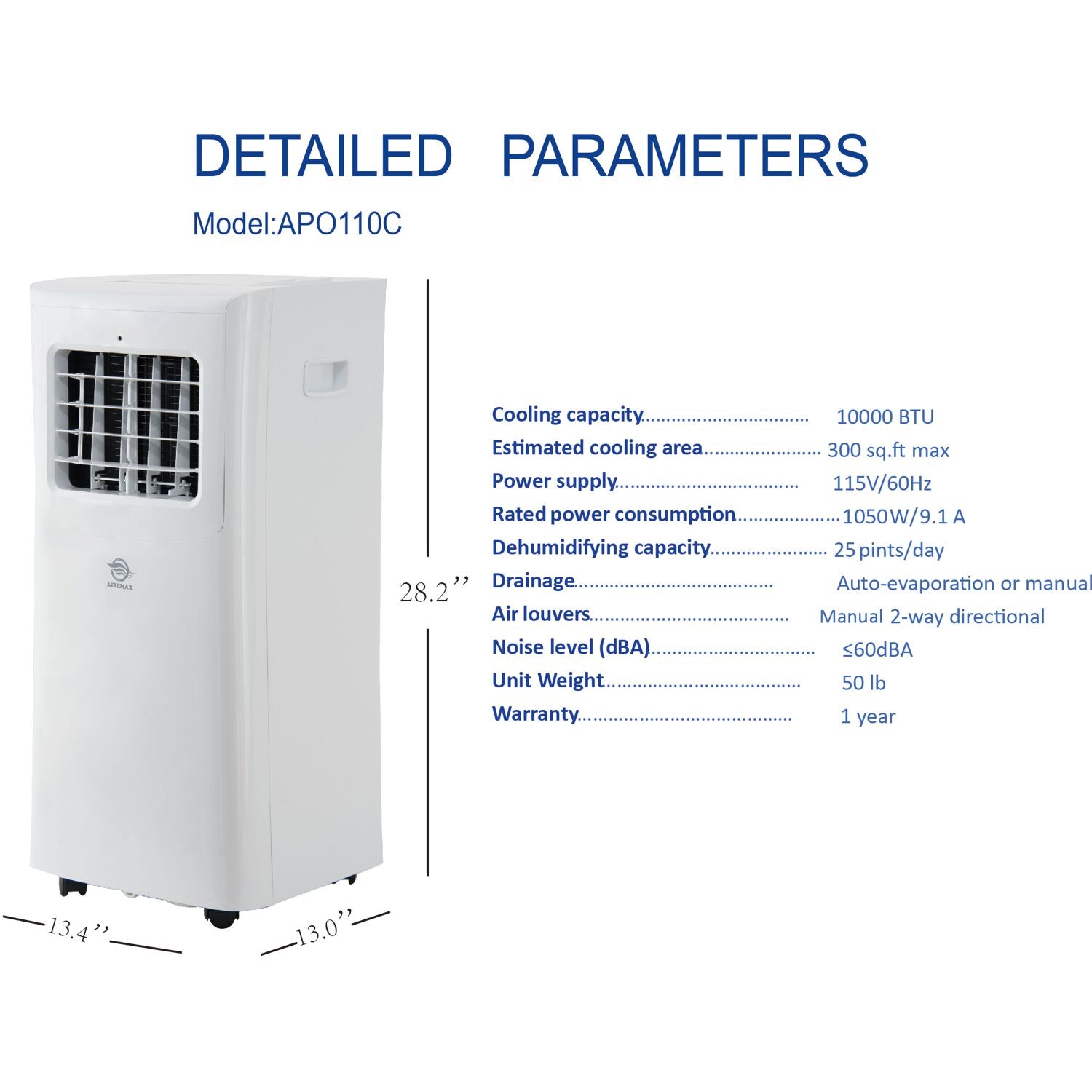 Aire Max 5,000 BTU (10,000 BTU ASHRAE) Portable Air Conditioner with Remote Control for Rooms up to 300 Sq. ft., White, APO110C