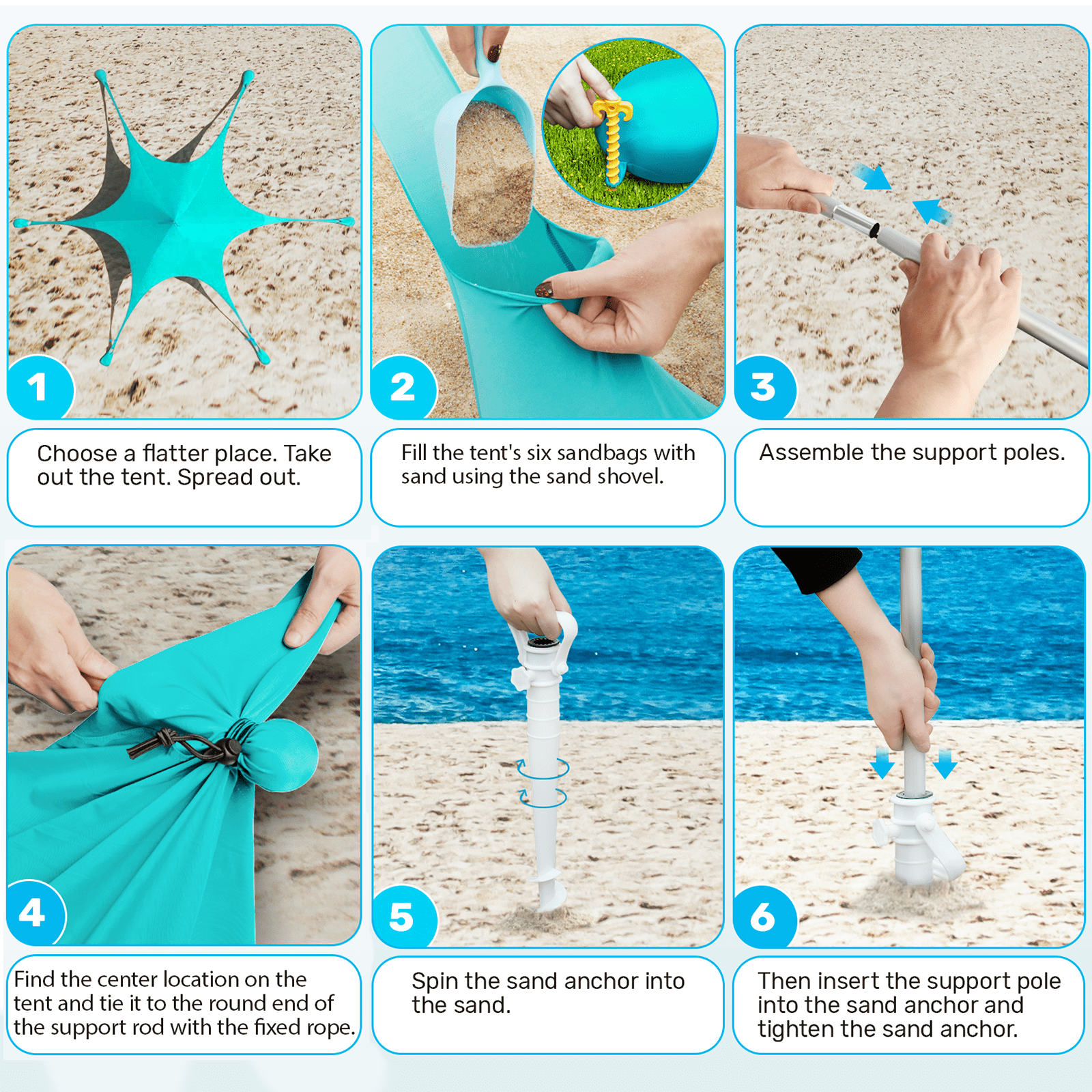 Beach Canopy Tent Sun Shade, VECUKTY 12x12 FT Beach Tent Sun Shelter UPF 50+ UV Protection with Sandbags , 1 Stability Poles and Ground Pegs and Anti-Wind Ropes,Blue