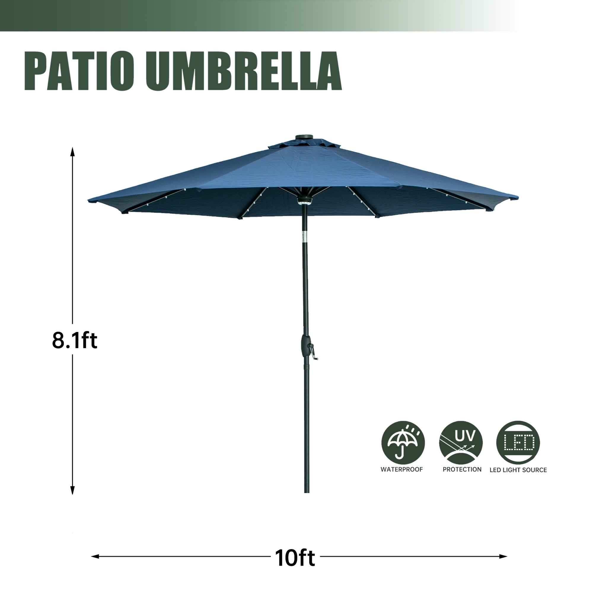 Autlaycil 10 ft Solar Patio Umbrellas with 40 LED lights for Market Outdoor Pool, Steel Tilt Crank, Navy Blue