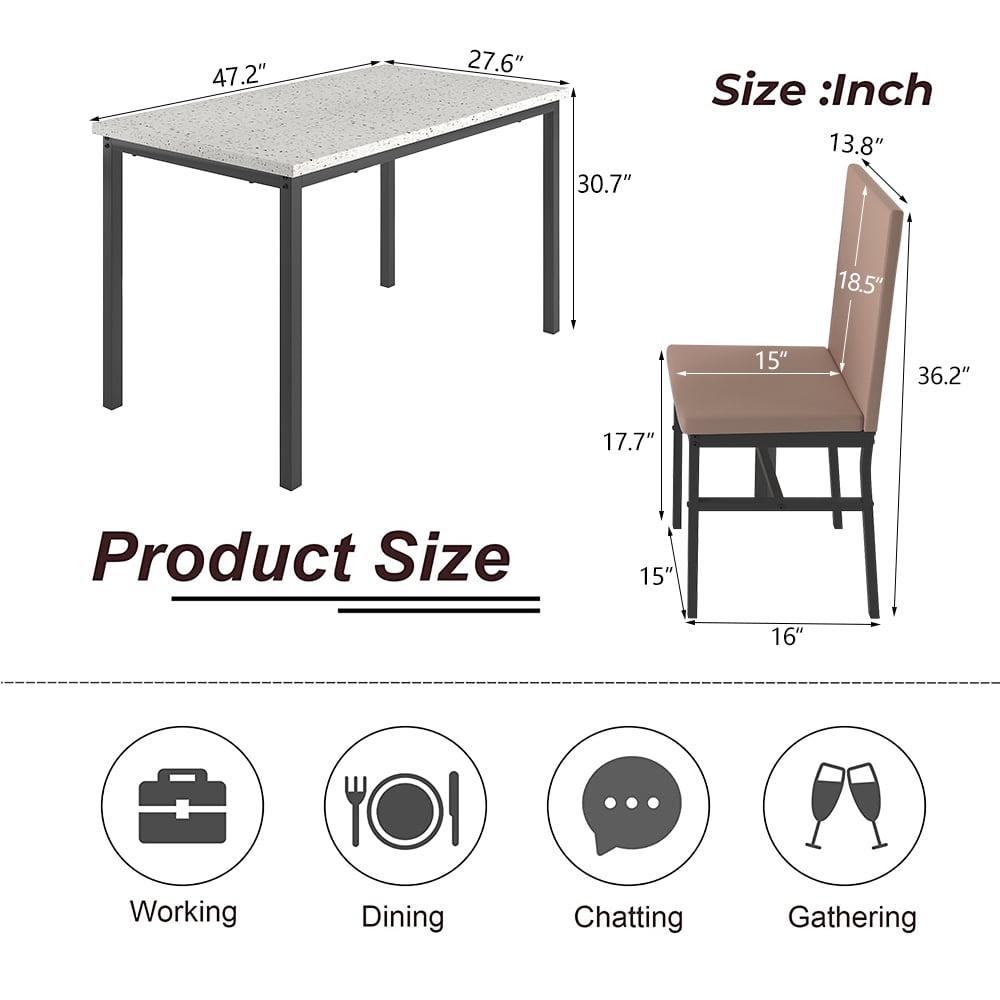 5 Piece Dining Table Set, Modern Faux Marble Tabletop and 4 PU Leather Upholstered Chairs, Rectangle Kitchen Table and Chairs for 4 Persons, Small Dining Set for Bar Dining Room Breakfast Nook