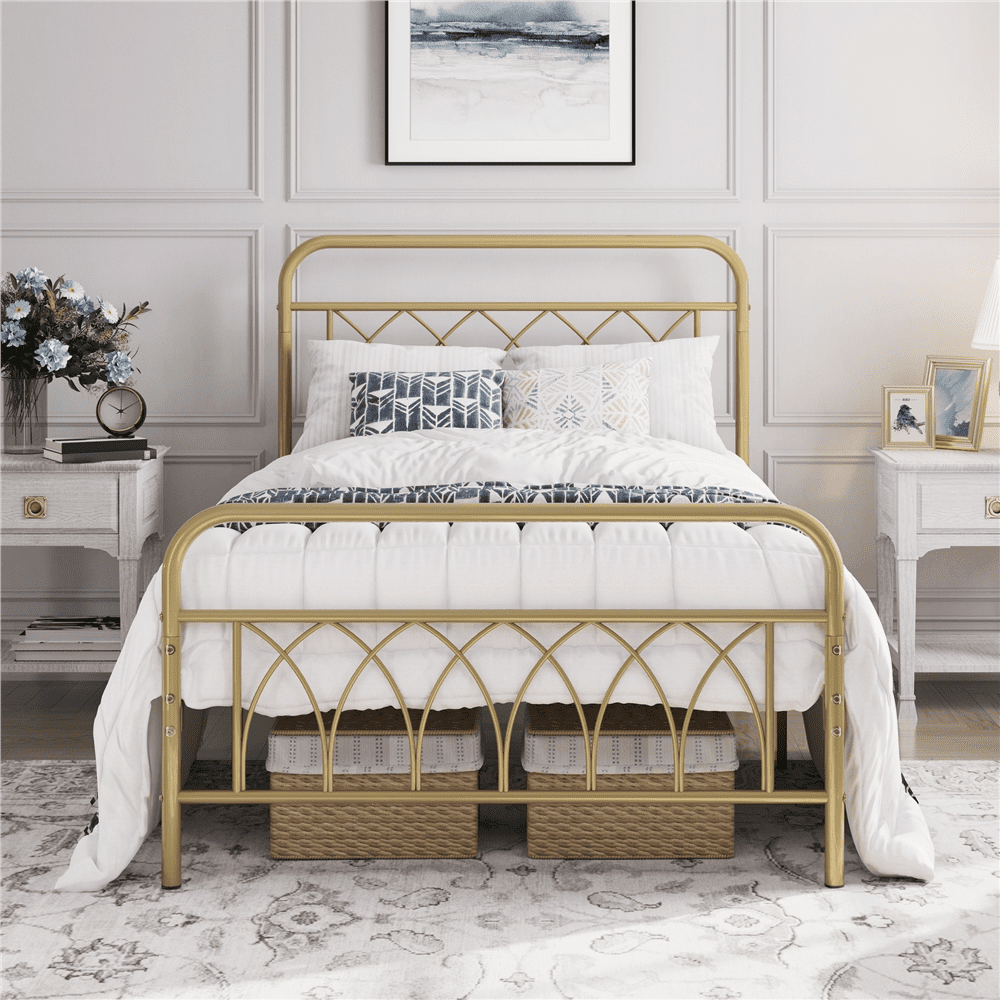 Alden Design Metal Platform Bed Frame with Headboard and Footboard, Twin, Antique Gold