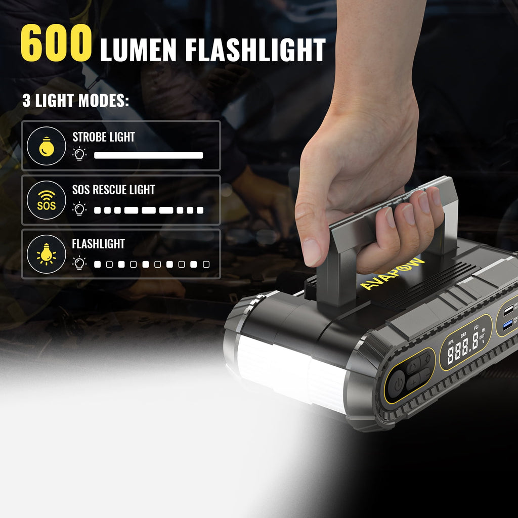 AVAPOW Jump Starter with Air Compressor, 4000A Battery Jump Starter (for All Gas or Up to 10L Diesel), 150PSI Digital Tire Inflator with Emergency Light