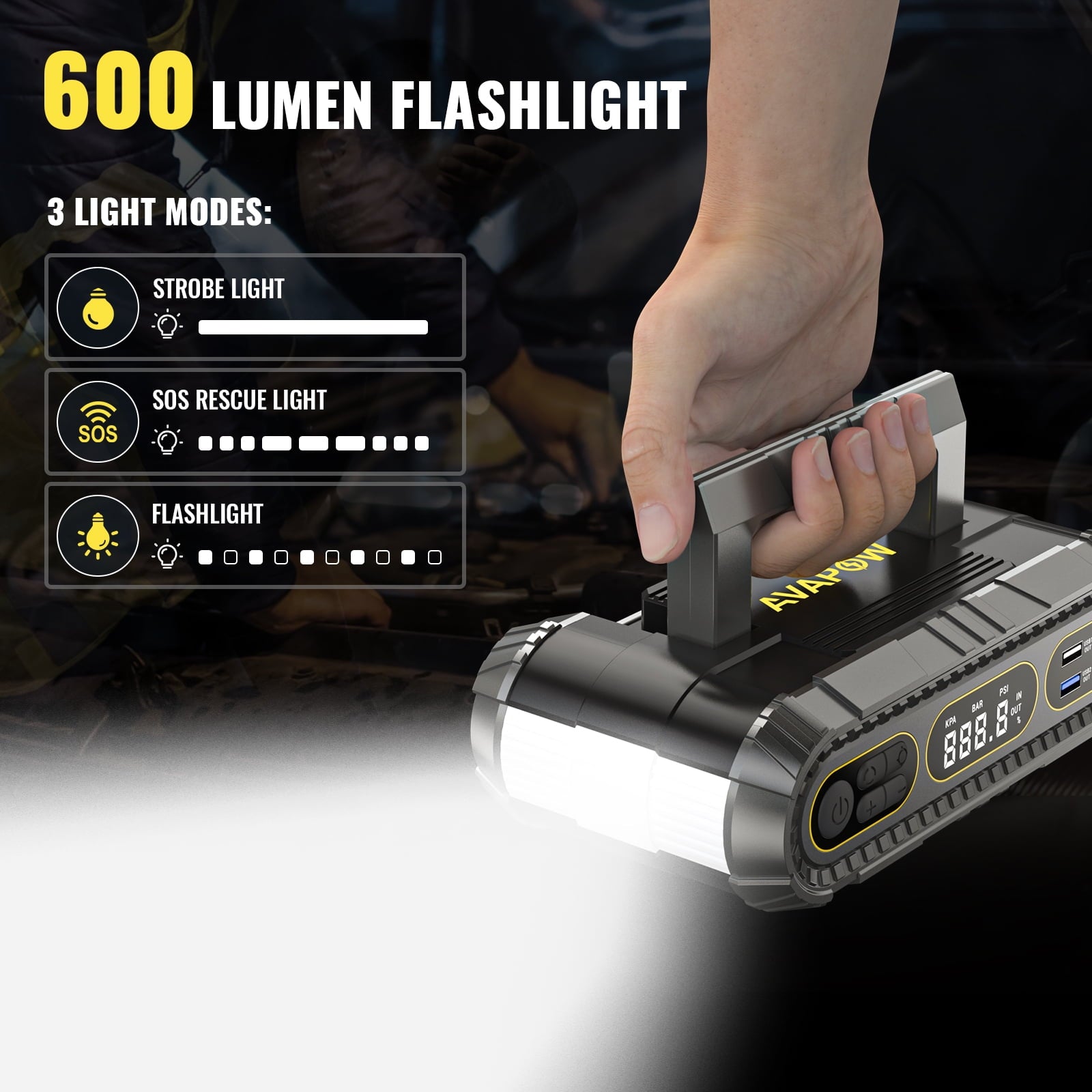 AVAPOW Jump Starter with Air Compressor, 4000A Battery Jump Starter (for All Gas or Up to 10L Diesel), 150PSI Digital Tire Inflator with Emergency Light