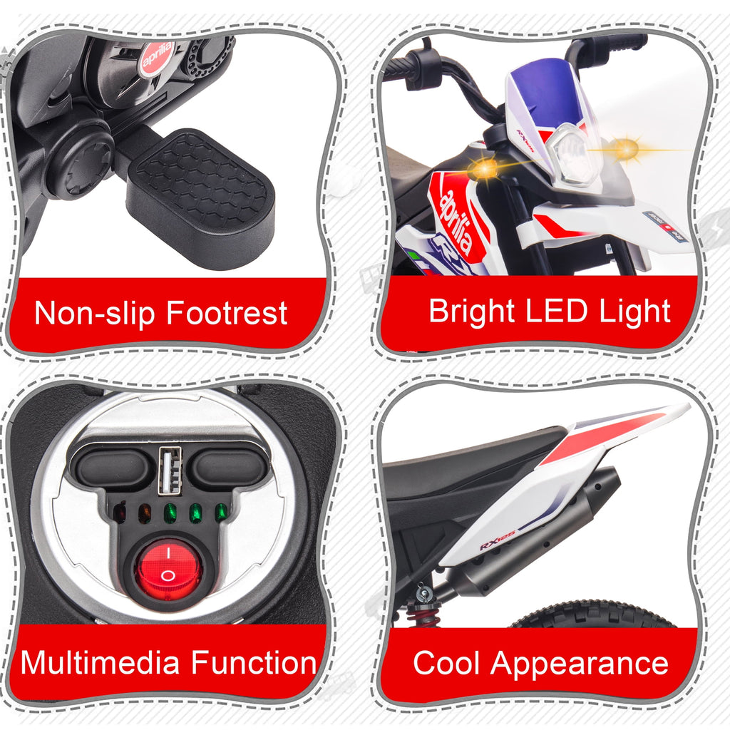 12V Electric Dirt Bike for Kids 3-6, Aprilia Powered Ride on Toy Car with 2 Training Wheels, LED Light, MP3 Player, Child 4 Wheeler Motorcycle for Boys Girls