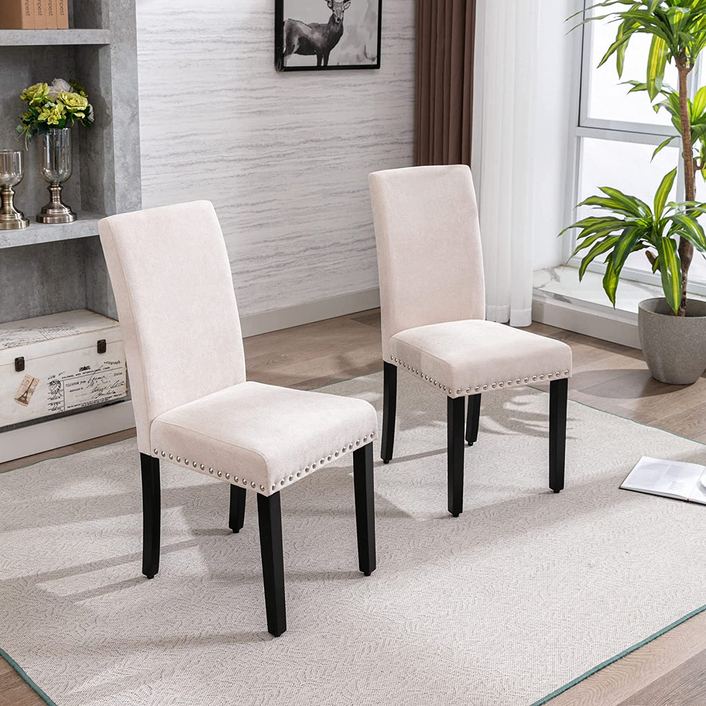 AOKHNBF Dining Chairs Upholstered Living Room Chairs Fabric Padded Parson Chair Kitchen Living Room Armless Side Chair with Silver Nails and Solid Wood Legs (Beige)