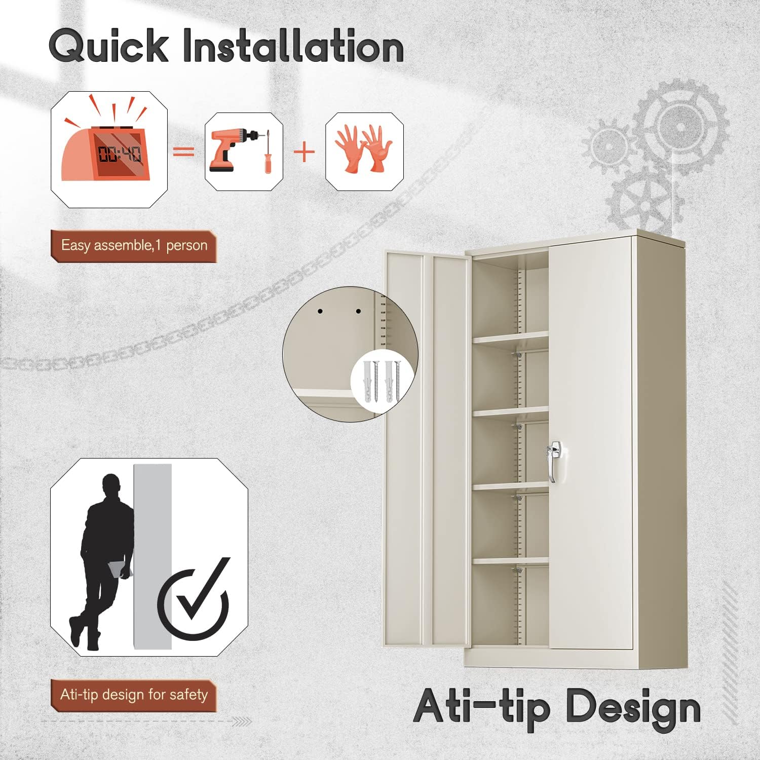 71" Metal Garage Storage Cabinet with Locking Doors and Adjustable Shelves for Home, Office(Black)