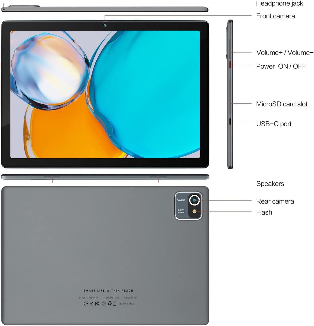 10 inch Tablet Android 13 Tablets, Quad-Core Tablet PC, 6GB RAM, 64GB ROM, 128GB Expand, 5000mAh, 1280x800 HD Touch Screen, 5MP+8MP, Wifi, Dual Camera - Grey