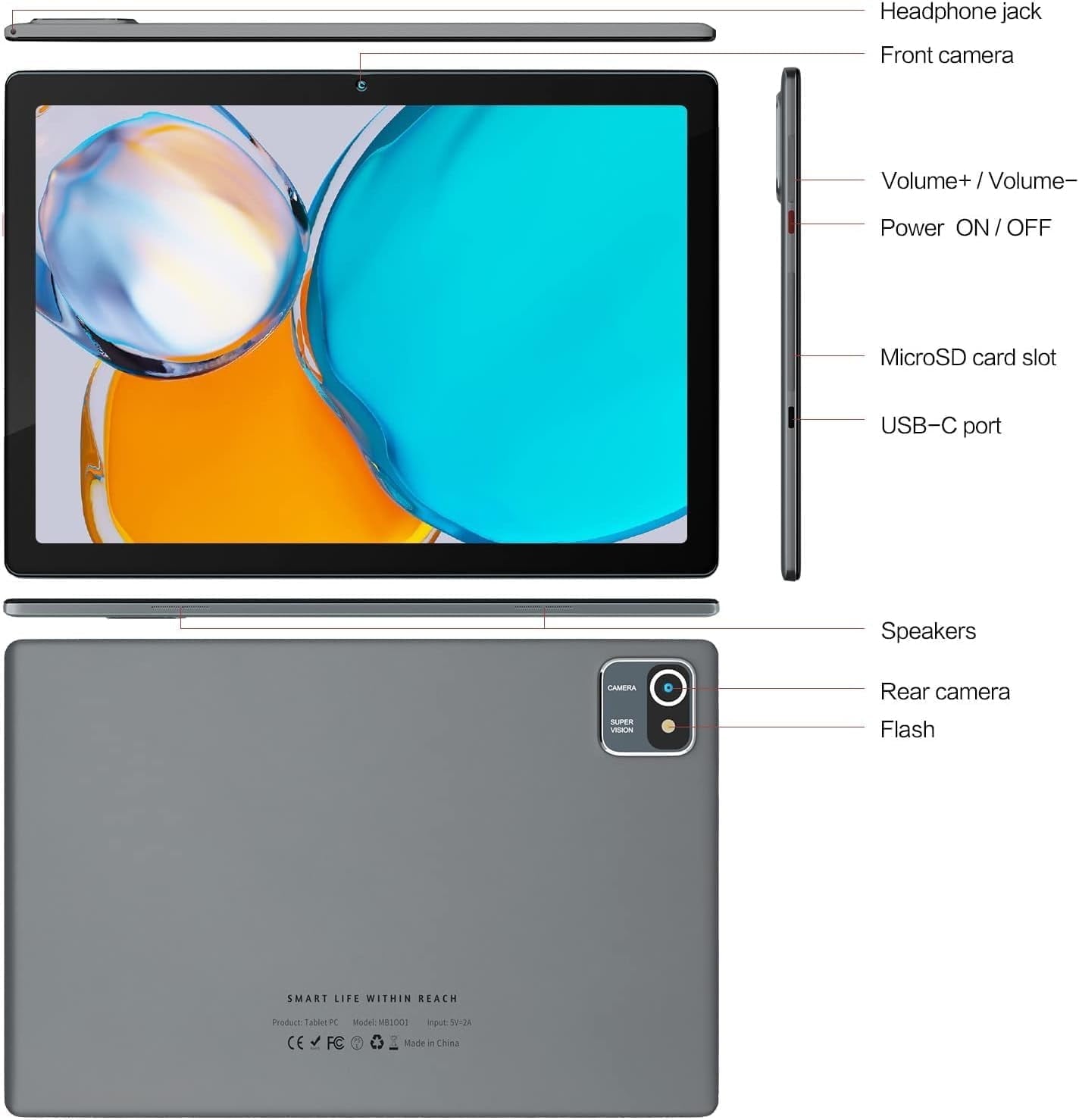 10 inch Tablet Android 13 Tablets, Quad-Core Tablet PC, 6GB RAM, 64GB ROM, 128GB Expand, 5000mAh, 1280x800 HD Touch Screen, 5MP+8MP, Wifi, Dual Camera - Grey