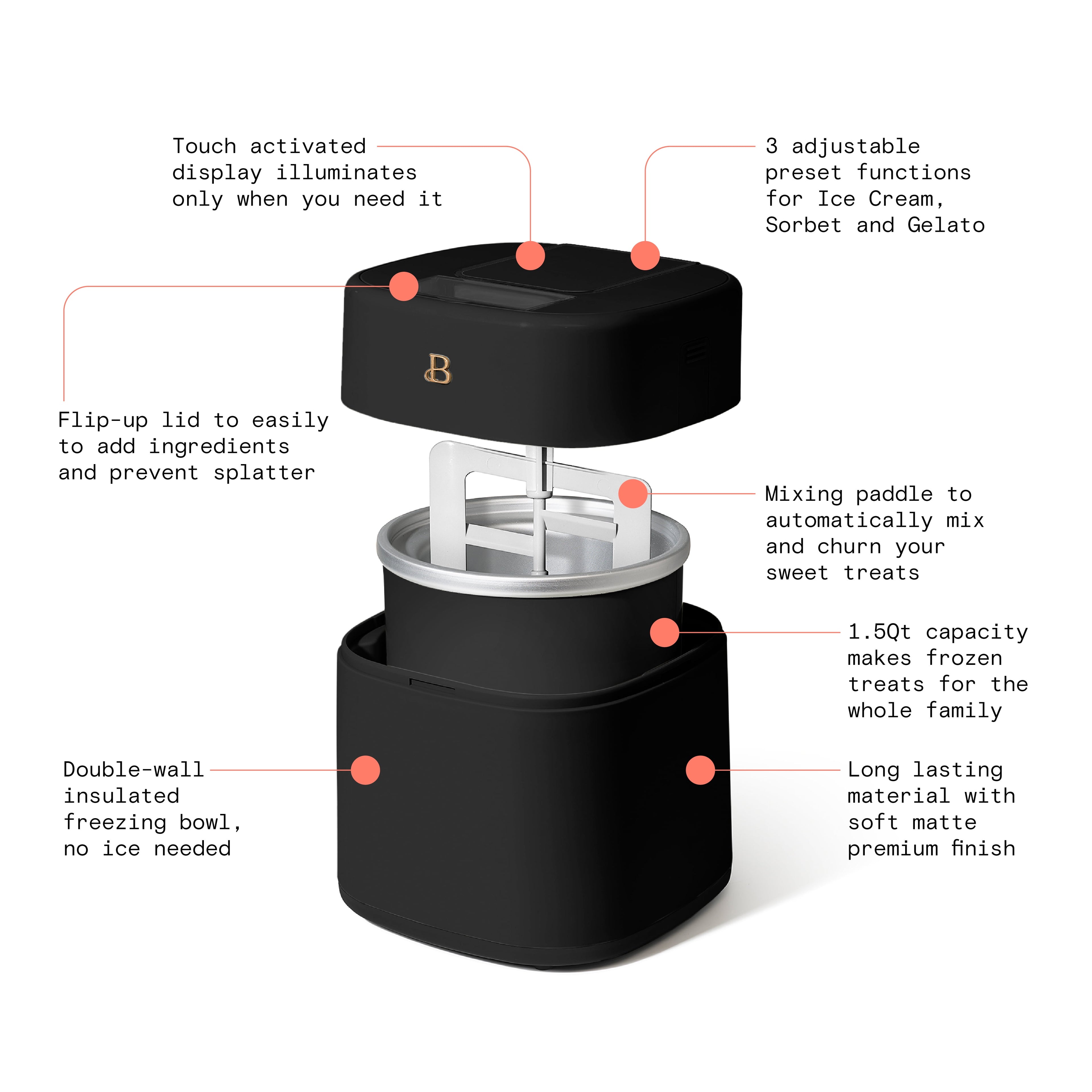Beautiful 1.5 Qt Ice Cream Maker with Touch Activated Display, White Icing by Drew Barrymore