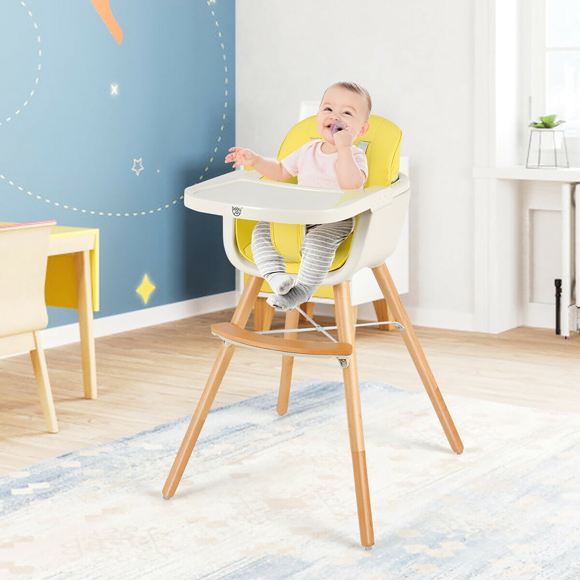 Babyjoy 3 in 1 Convertible Wooden High Chair Toddler Feeding Chair with Cushion Beige